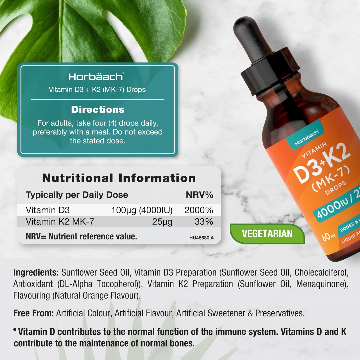 Vitamin D3 K2 Drops | 60mL | High Strength Vitamin D3 4000iu and K2 25ug | No Artificial HorbäachUS supplements