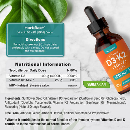 Vitamin D3 K2 Drops | 60mL | High Strength Vitamin D3 4000iu and K2 25ug | No Artificial HorbäachUS supplements