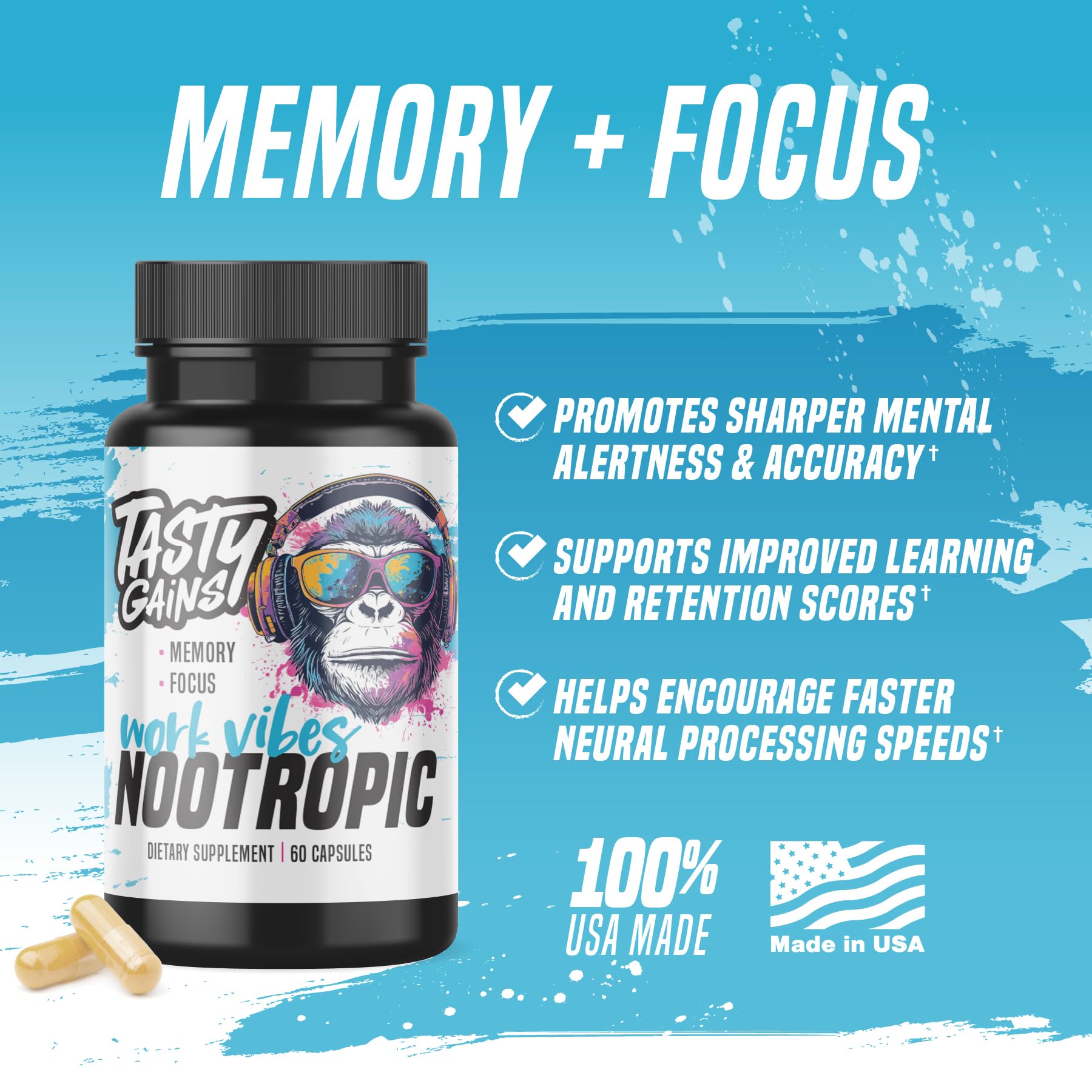 Nootropic Brain Supplement for Memory and Focus - Vitamin for Mental Health & Brain Health with L-Theanine, Rhodiola Rosea & Phosphatidylserine - Memory, Mental Clarity & Cognitive Improvement - 60 Ct TASTY GAINSAu supplements