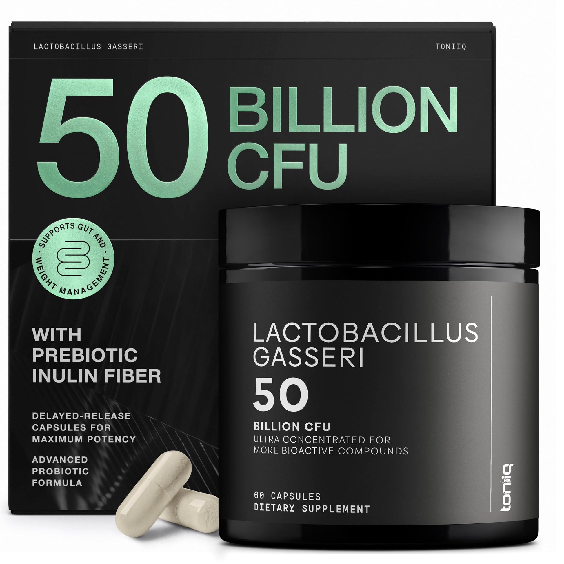 Lactobacillus Gasseri - Ultra High Strength 50 Billion CFU - Delayed Release Capsules - Made with Prebiotic Inulin Fiber - Supports Digestive Health & Gut Flora - Third-Party Lab Tested - 60 Capsules ToniiqAu supplements