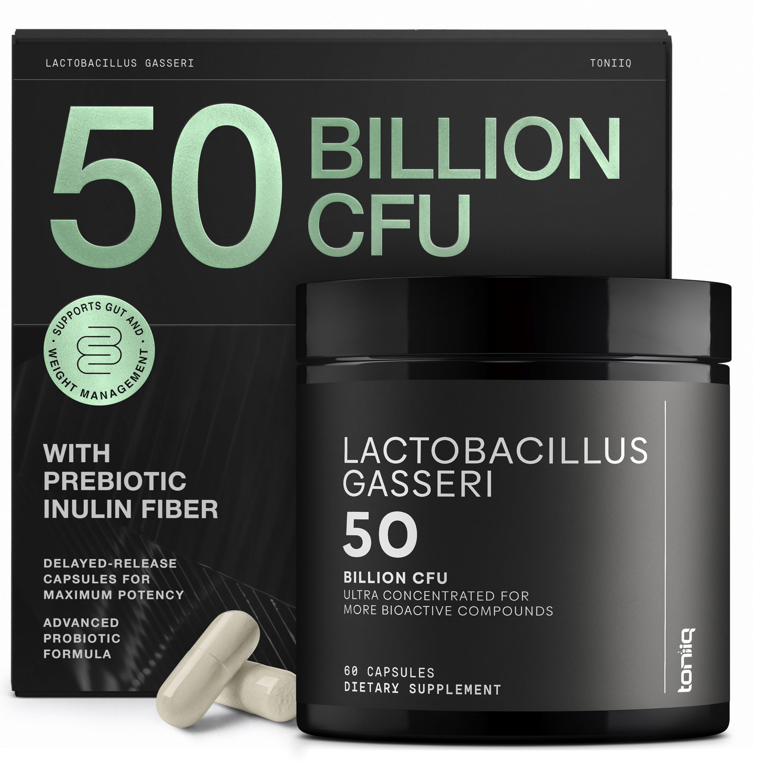 Lactobacillus Gasseri - Ultra High Strength 50 Billion CFU - Delayed Release Capsules - Made with Prebiotic Inulin Fiber - Supports Digestive Health & Gut Flora - Third-Party Lab Tested - 60 Capsules ToniiqAu supplements