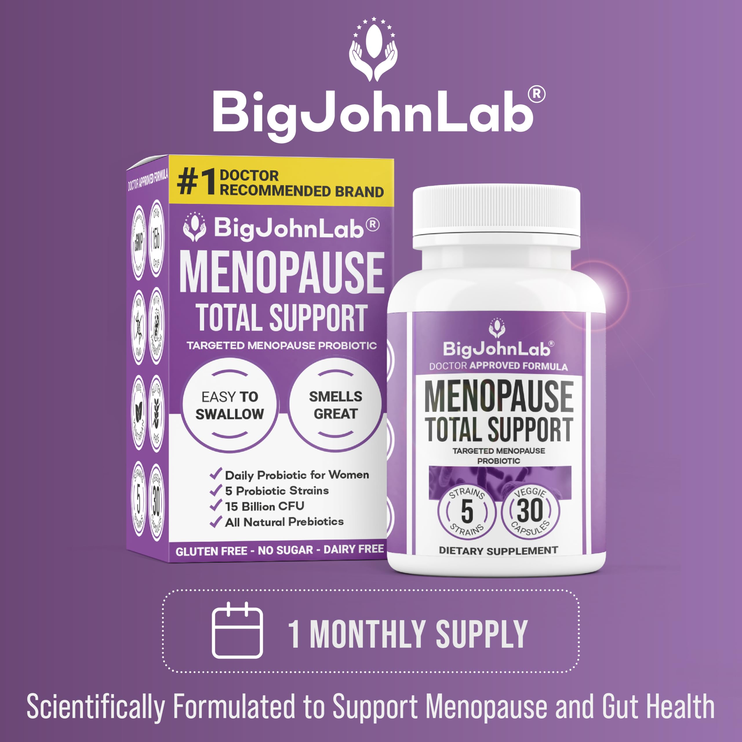 BIGJOHNLAB® - Menopause Total Support – Advanced Probiotic Formula with 5 Strains & 15 Billion CFU, Resveratrol, Black Cohosh, Acacia Fiber, Non-GMO & 100% Vegetarian BIGJOHNLABAu supplements