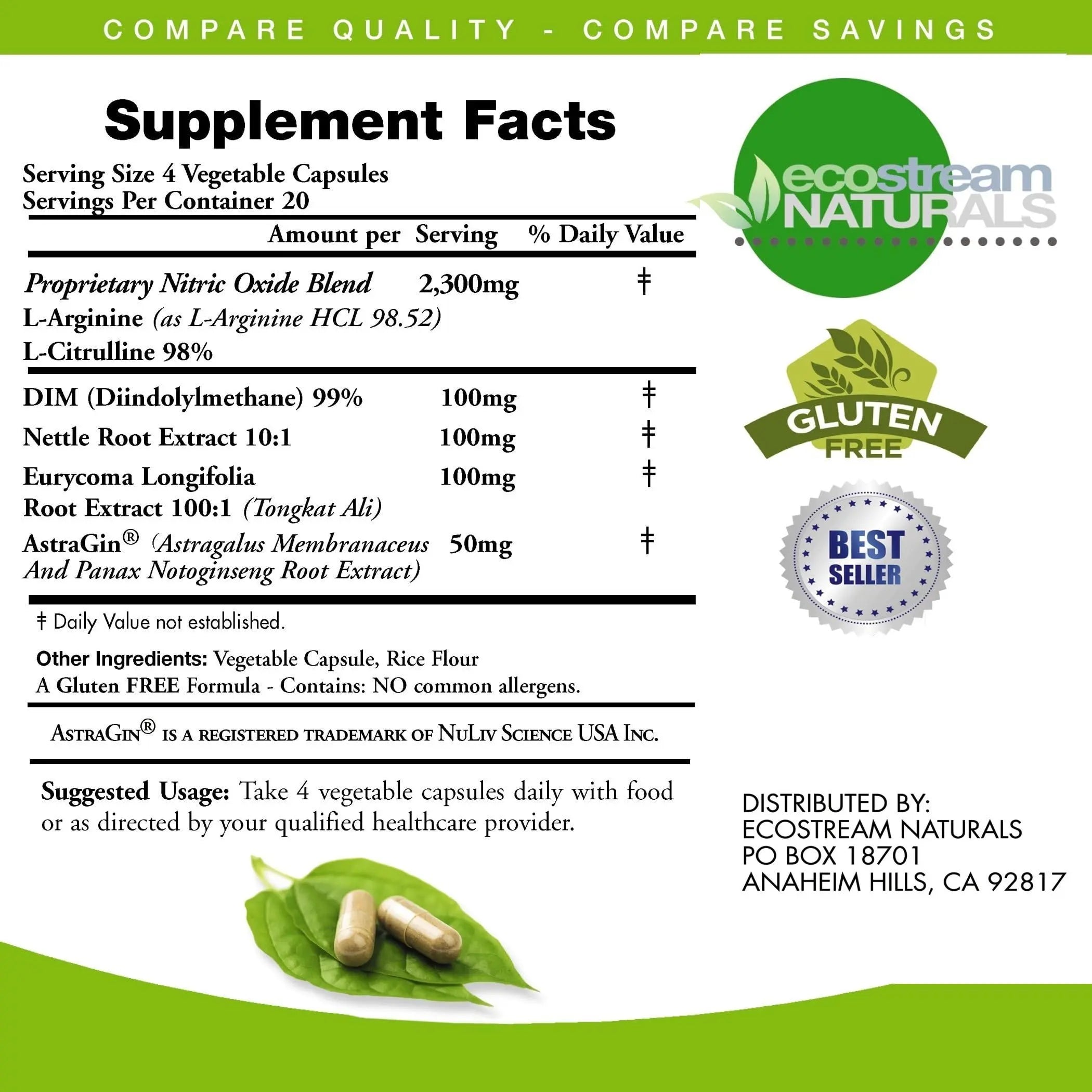 ecostream Naturals MAX 2650mg Nitric Oxide Booster L-Arginine - L-Citruline and Astragin - Time Release 2650 MAX Formula ecostream Naturalsnz supplements