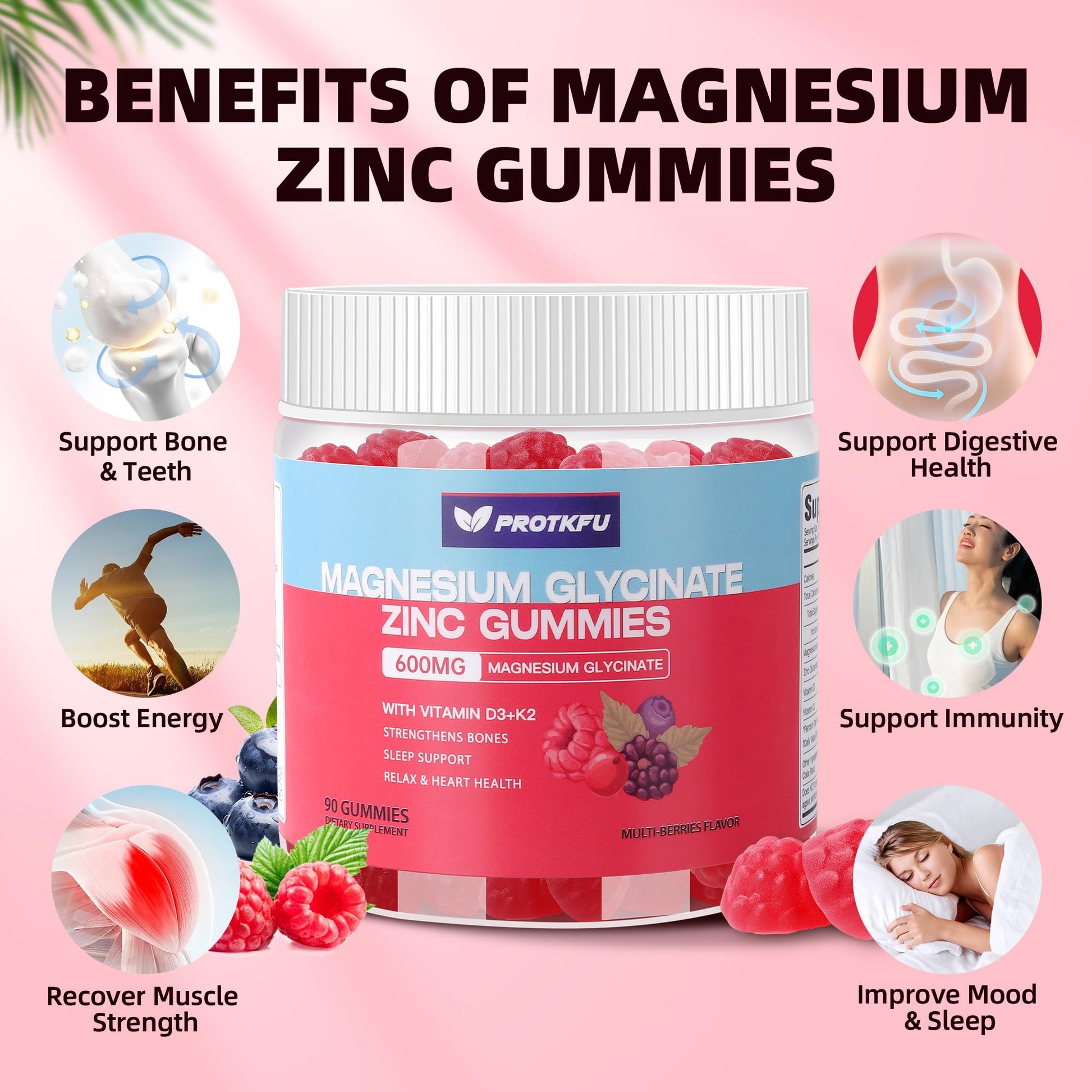 90 CT Magnesium Glycinate Gummies 600mg, Sugar Free Magnesium Gummies w/Zinc & Vitamin D3 & K2 - Magnesium Supplements for Sleep, Supports Bone Health, Nerve & Immune Function ProTKFUAu supplements