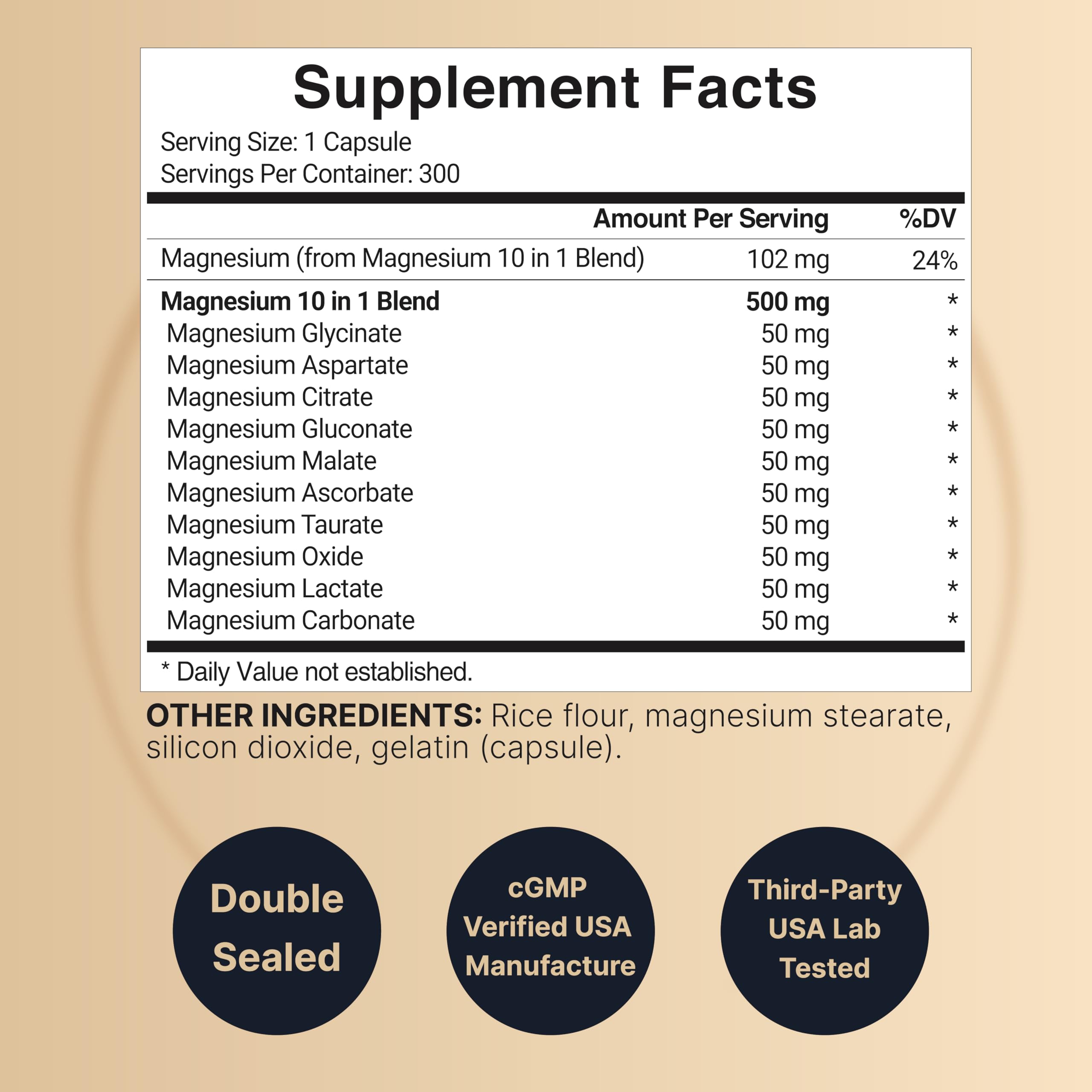 Magnesium Complex 500mg, 300 Capsules | 10-in-1 Magnesium Glycinate, Citrate, Malate & More | Chelated Form for Easy Absorption | Non-GMO NatureBellAu supplements