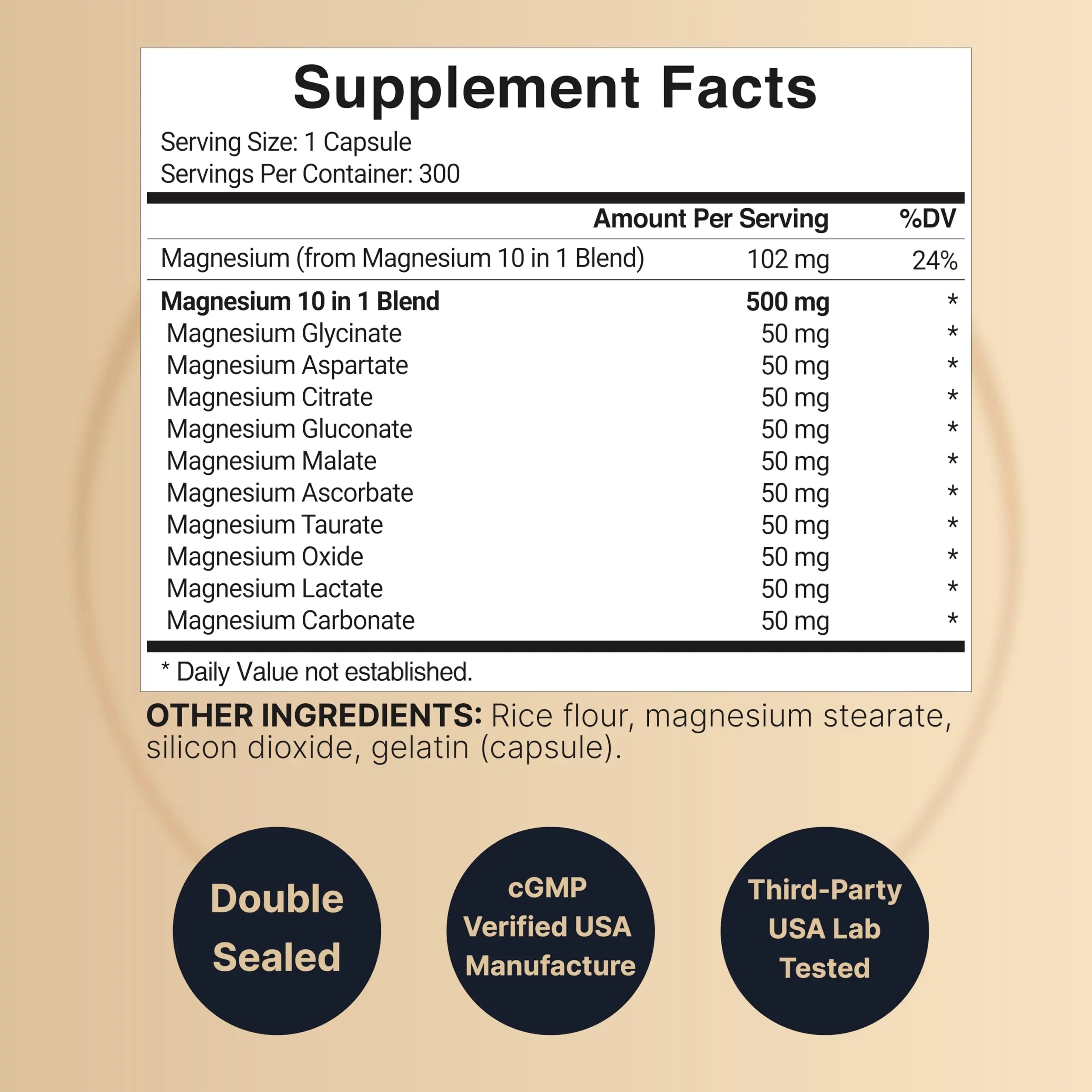 Magnesium Complex 500mg, 300 Capsules | 10-in-1 Magnesium Glycinate, Citrate, Malate & More | Chelated Form for Easy Absorption | Non-GMO NatureBellnz supplements