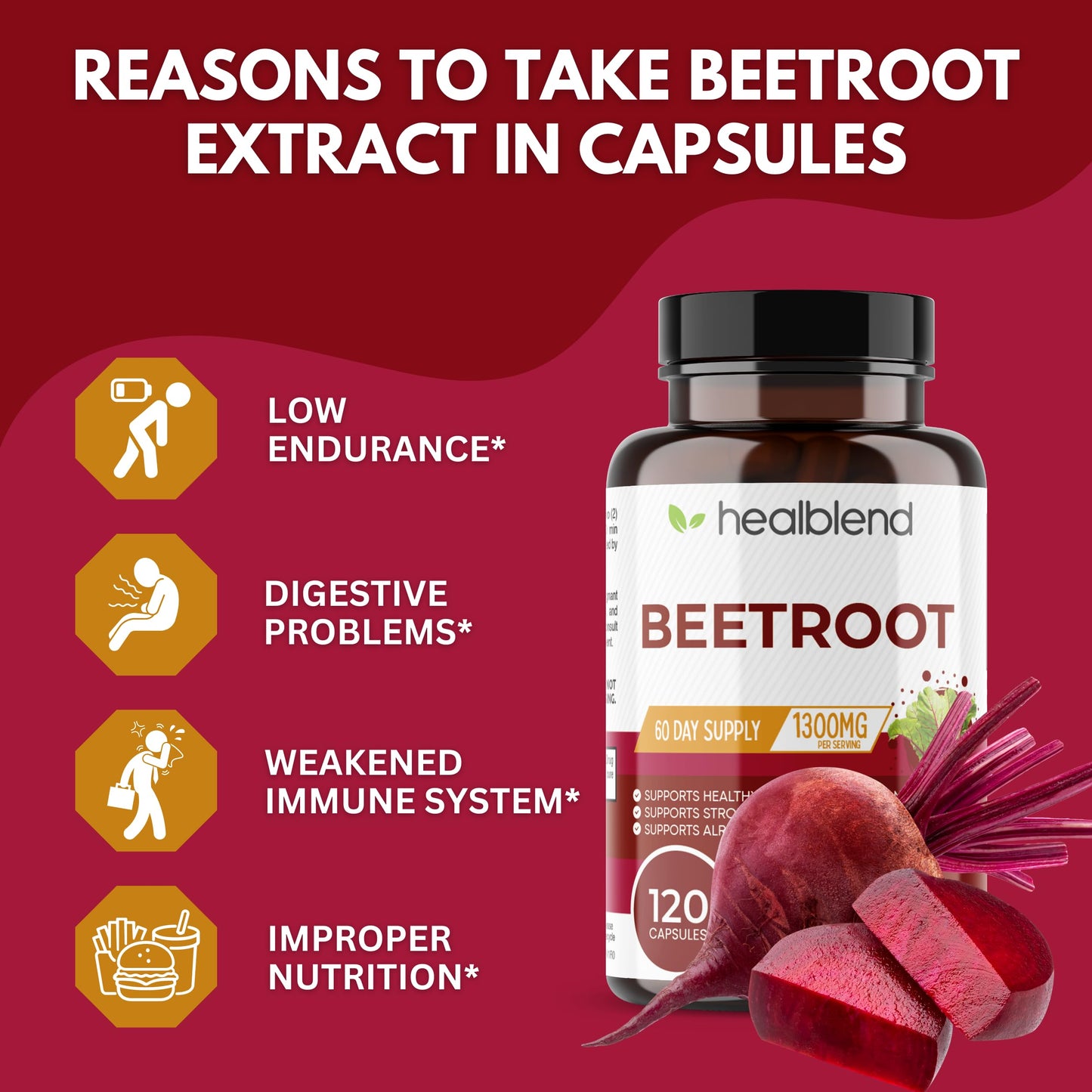 healblend Organic Nitric Oxide Beet Root Capsules 1300mg - Support Immune System healblendUS supplements