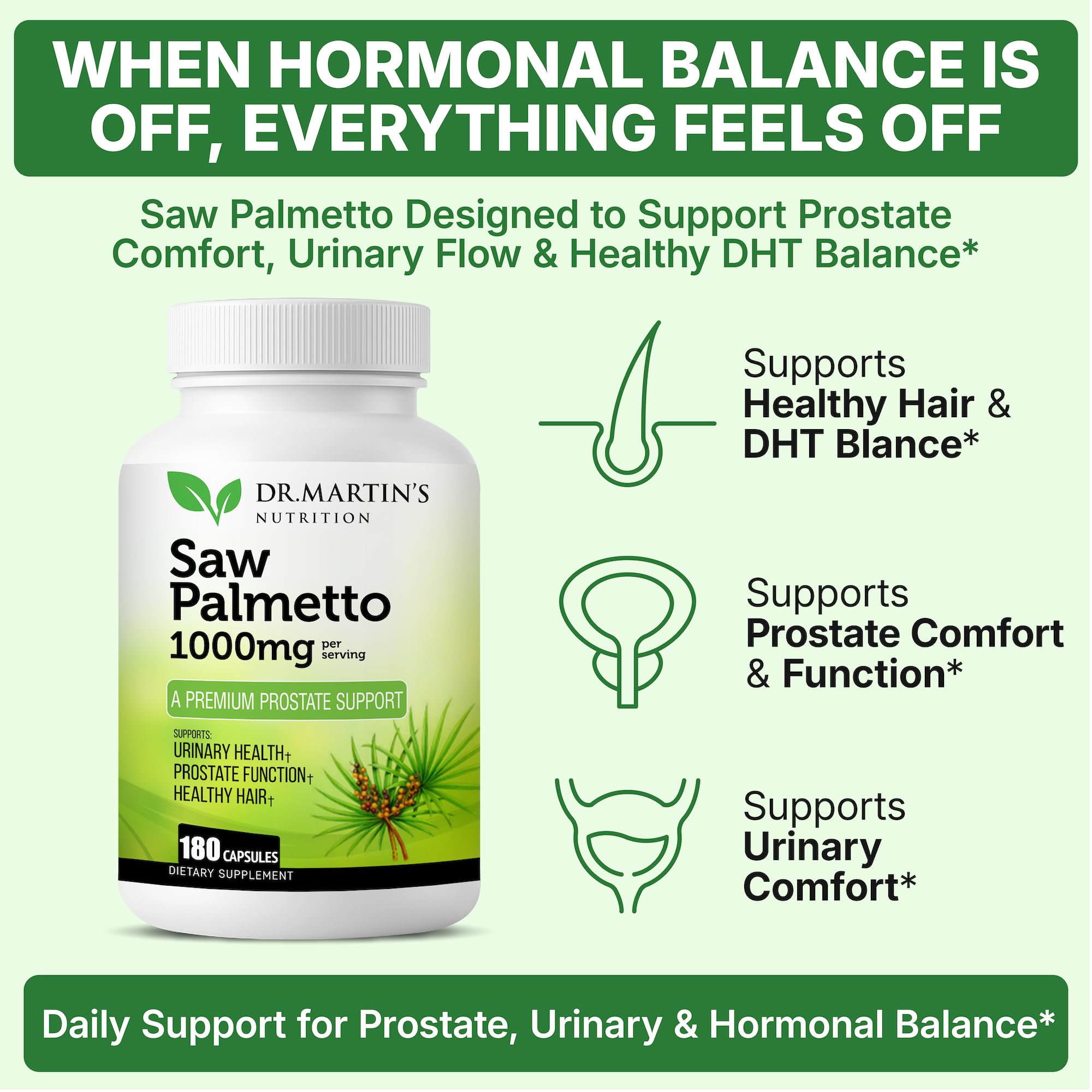 USA Grown Saw Palmetto | 180 Capsules Prostate Health Supplement | Hair Growth for Men & Women | Support to Help Maintain Normal Urination Frequency