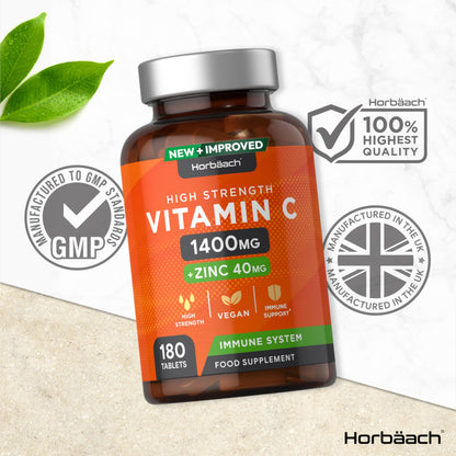 Vitamin C and Zinc | 180 Vegan Tablets | High Strength Vitamin C 1400mg and Zinc 40mg HorbäachUS supplements
