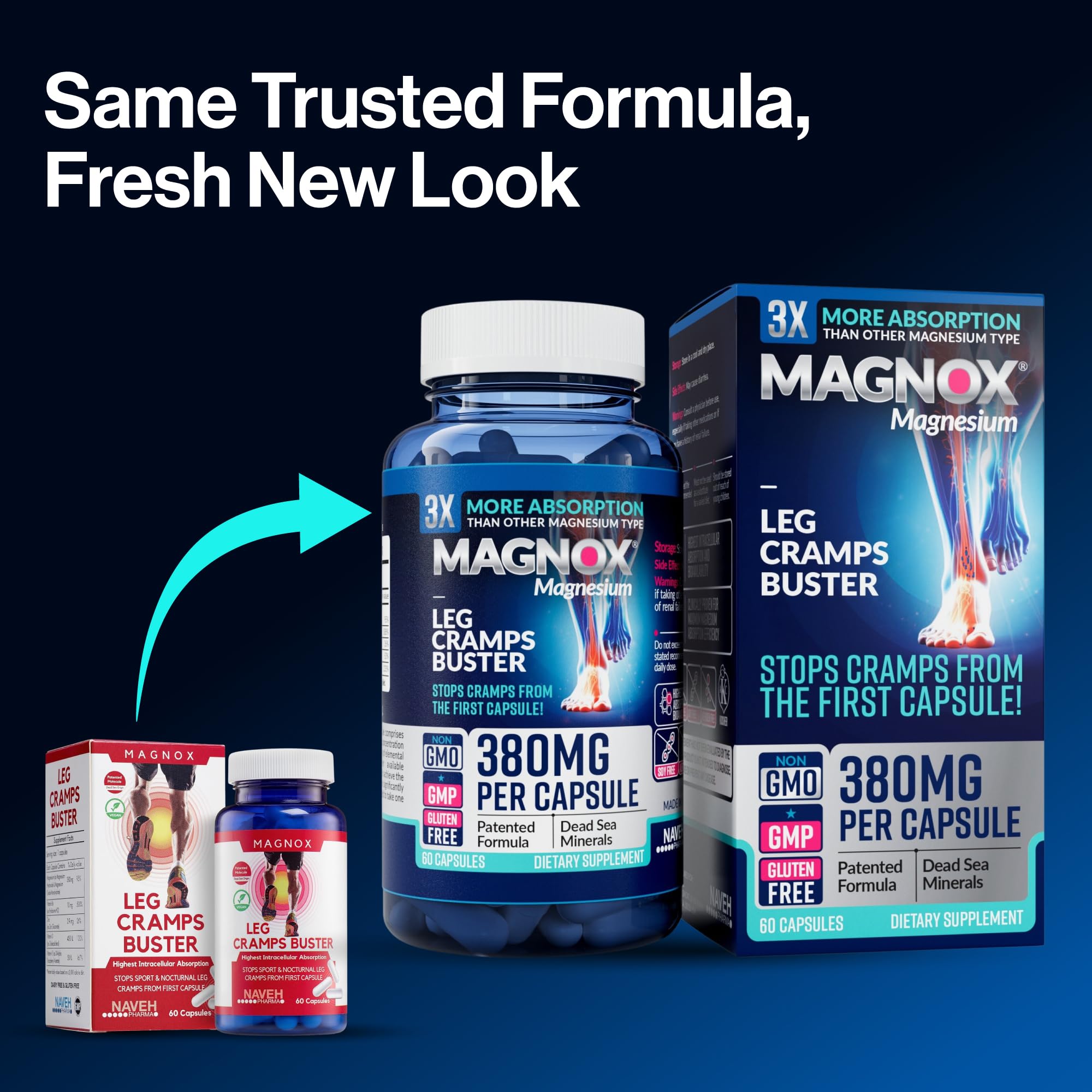 MAGNOX® Buster | Patented Clinically Tested 380mg Magnesium Supplement for Spasms & Leg Cramps at Night | One Capsule a Day for Almost Full Dosage | 3X More Absorption | Dead Sea Minerals (60 Caps) MAGNOXAu supplements