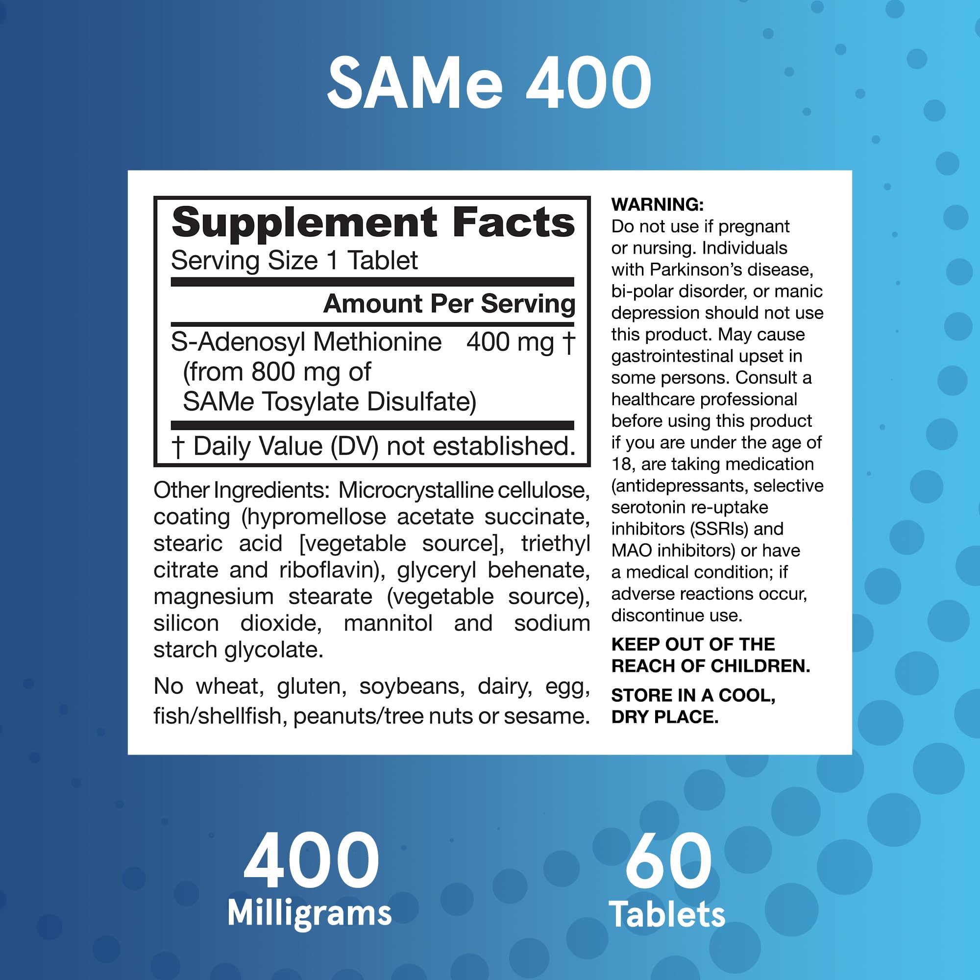 Jarrow Formulas SAMe Supplement 400 mg - 60 Tablets - High Concentration of Active S,S Form - Supports Joint Health, Liver Function, Brain Metabolism, Balanced Mood & Antioxidant Defense - 60 Servings Jarrow FormulasAu supplements