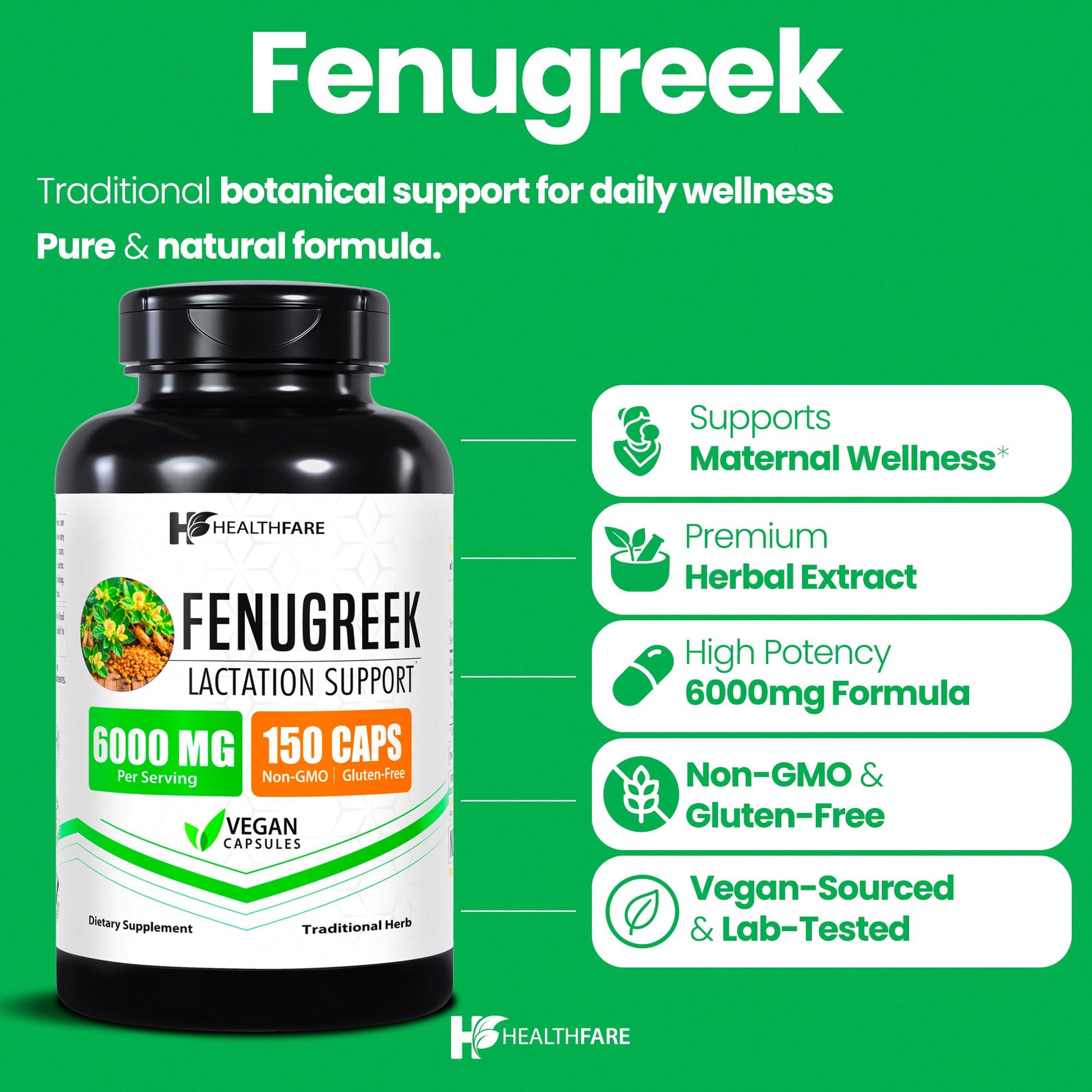 Healthfare Fenugreek Seed Extract 6000mg | 150 Vegan Capsules | Concentrated Herbal Supplement | Non-GMO, Gluten-Free | Made in USA HealthfareAu supplements