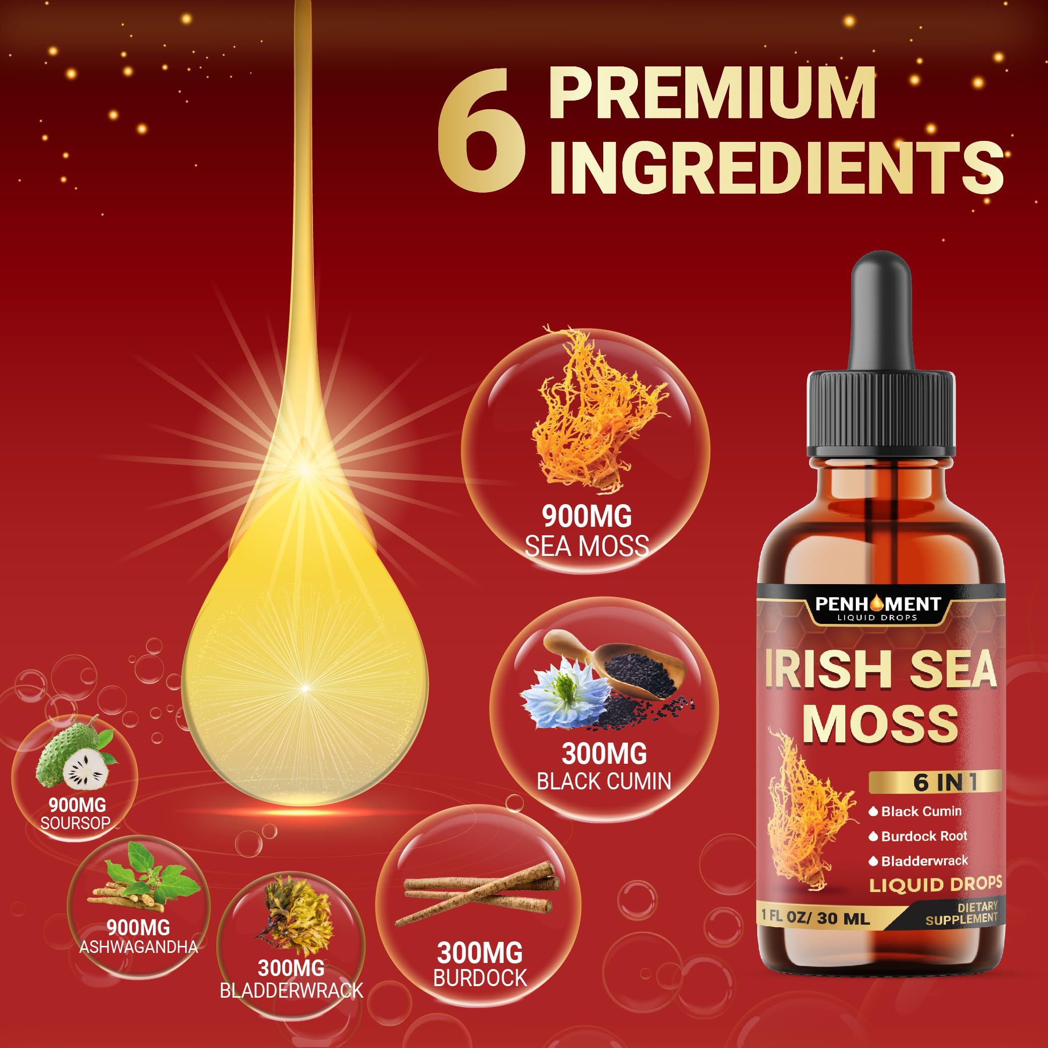 Penhoment 6in1 Sea Moss Drops with Black Seed Oil Irish Seamoss, Ashwagandha, Burdock Root & Bladderwrack - 1FL Oz - 30 Day Supply PenhomentAu supplements