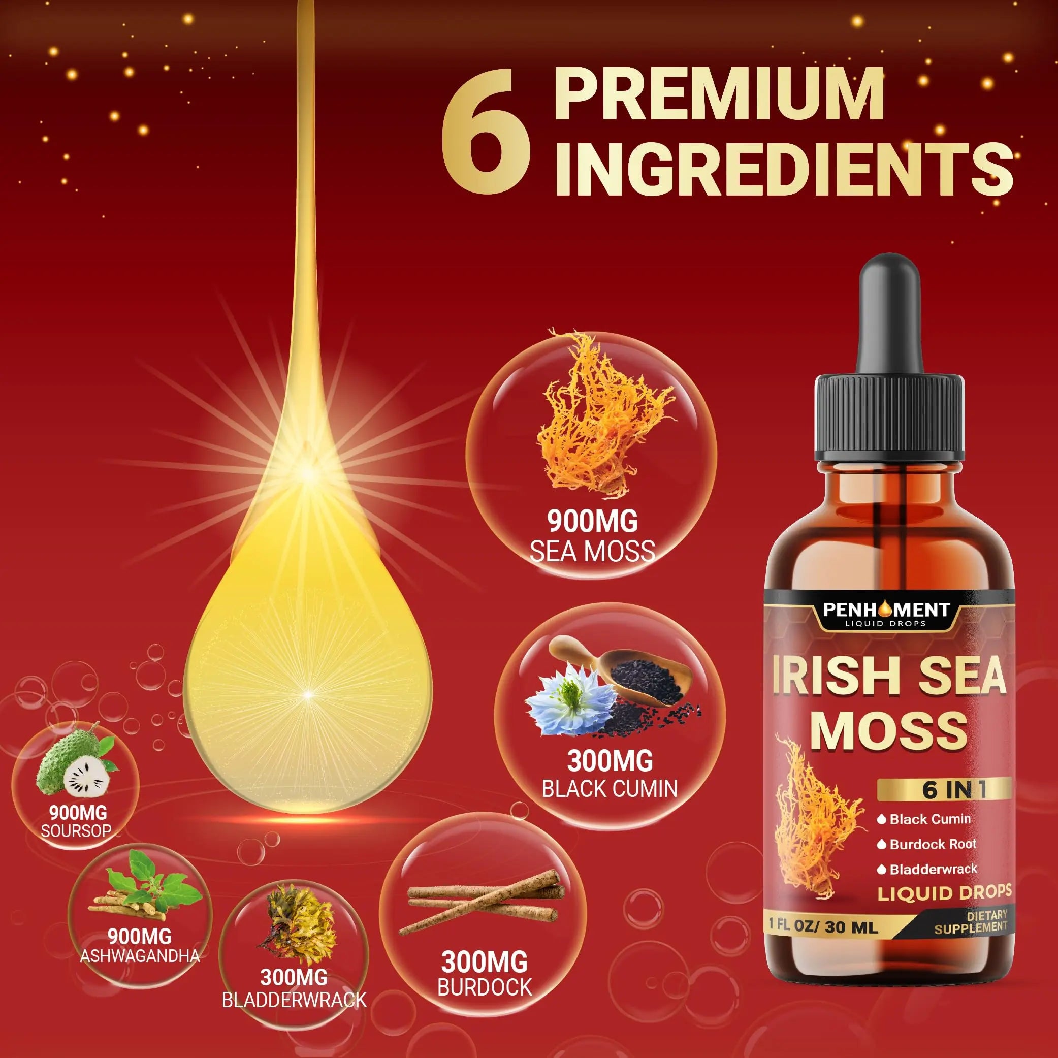 Penhoment 6in1 Sea Moss Drops with Black Seed Oil Irish Seamoss, Ashwagandha, Burdock Root & Bladderwrack - 1FL Oz - 30 Day Supply Penhomentnz supplements