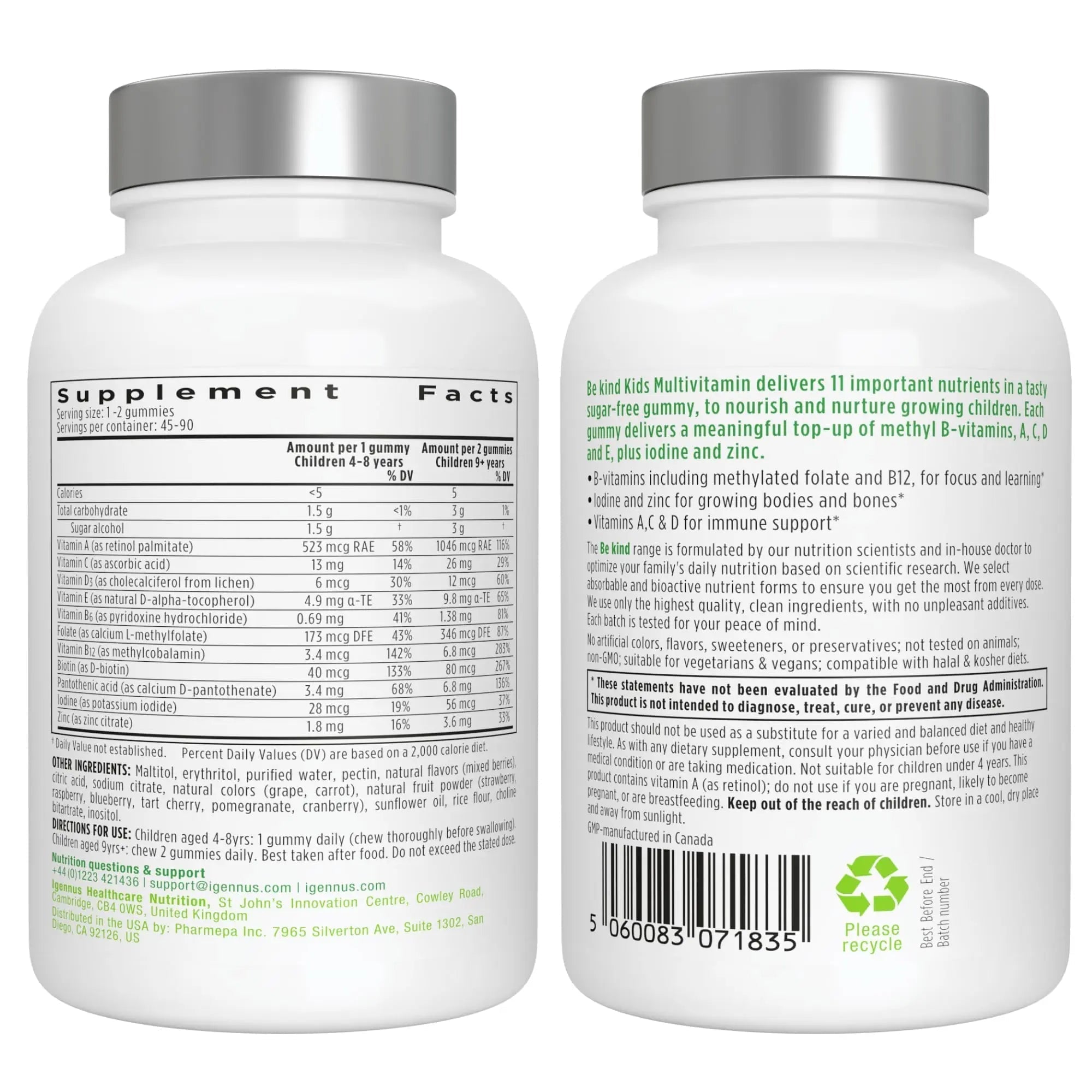 Igennus Methylated Kids Multivitamin Gummy, MTHFR, No Artificial Sweeteners or Flavors, Sugar Free, Age 4+, 90 Natural Berry Flavor Gummies Igennus Healthcare NutritionAu supplements