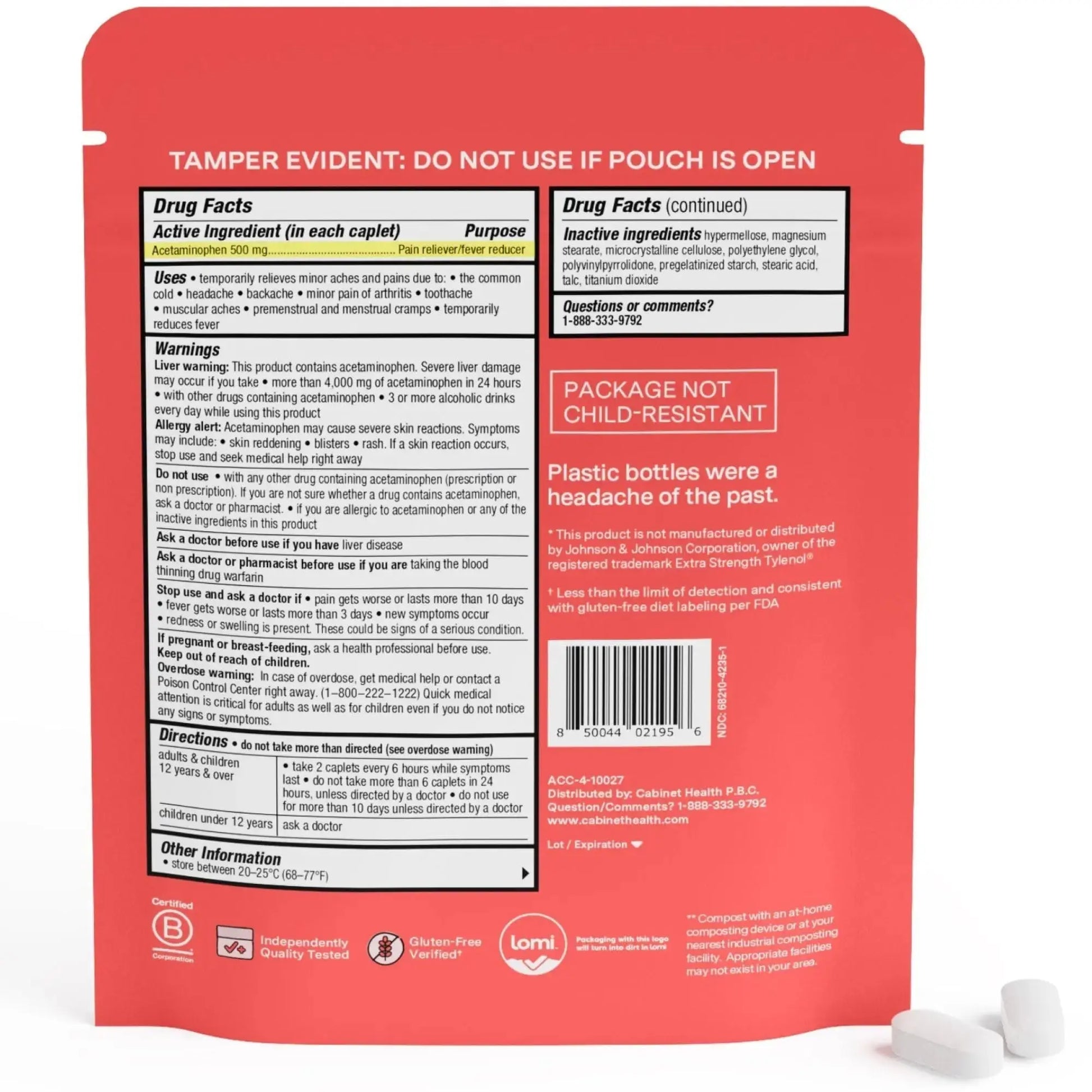 Cabinet: 500mg Acetaminophen for Headache Relief, Toothaches, Sore Throat, and Fever Reducer, 120 Tablets (Refill Pouch) Cabinet:Au supplements