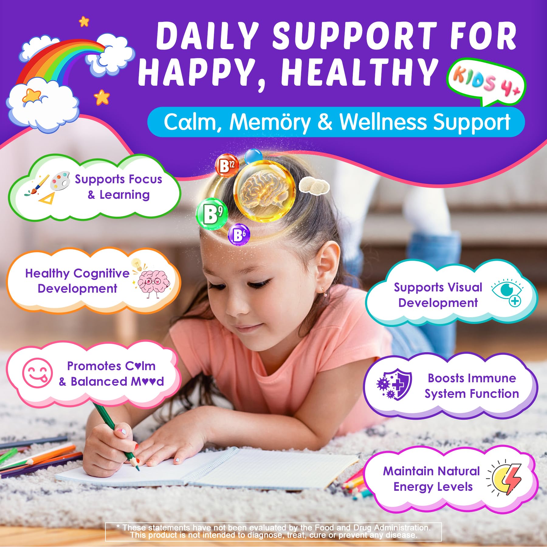 Kids Brain Gummies with Lion's Mane Mushroom, Methyl B6, B9, B12, Supper Greens, Lutein, Brain Booster Supplement for Focus & Attention, Cognitive Function, Vision & Energy, Sugar Free, Vegan 2 Pack NextdiaAu supplements