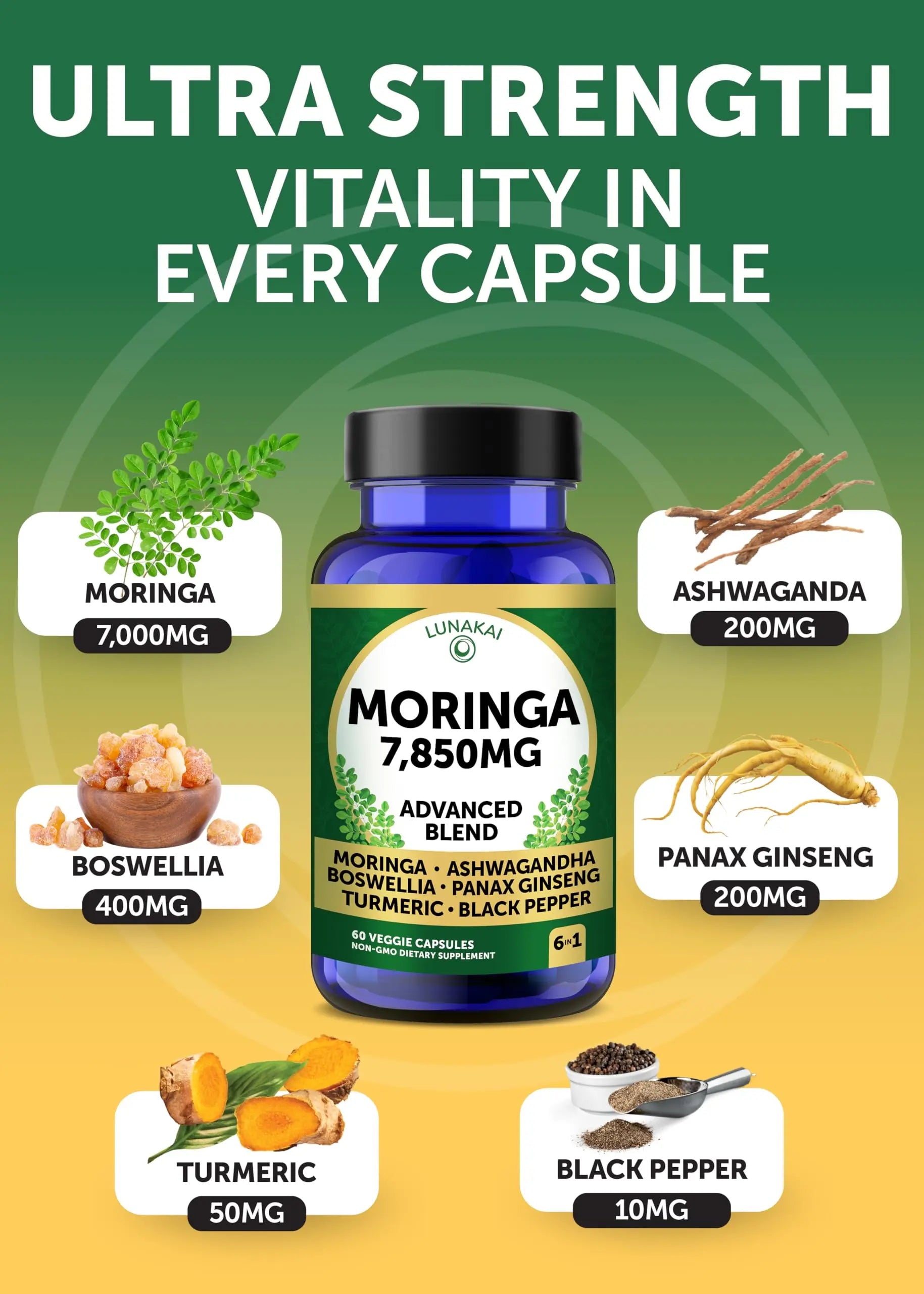 Lunakai USA Made Moringa & Sea Moss Capsules Bundle – 6-in-1 & 16-in-1 Advanced Blends – 60 Non-GMO Veggie Capsules Each Lunakainz supplements