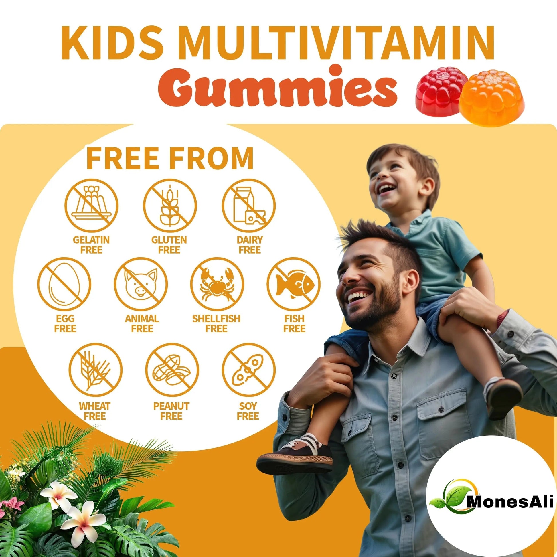 MonesAli Kids Multivitamin Gummies with Iron & Probiotics – Vegan, Gelatin-Free, Halal, Orange & Strawberry Flavors, 90 Count MonesAliAu supplements
