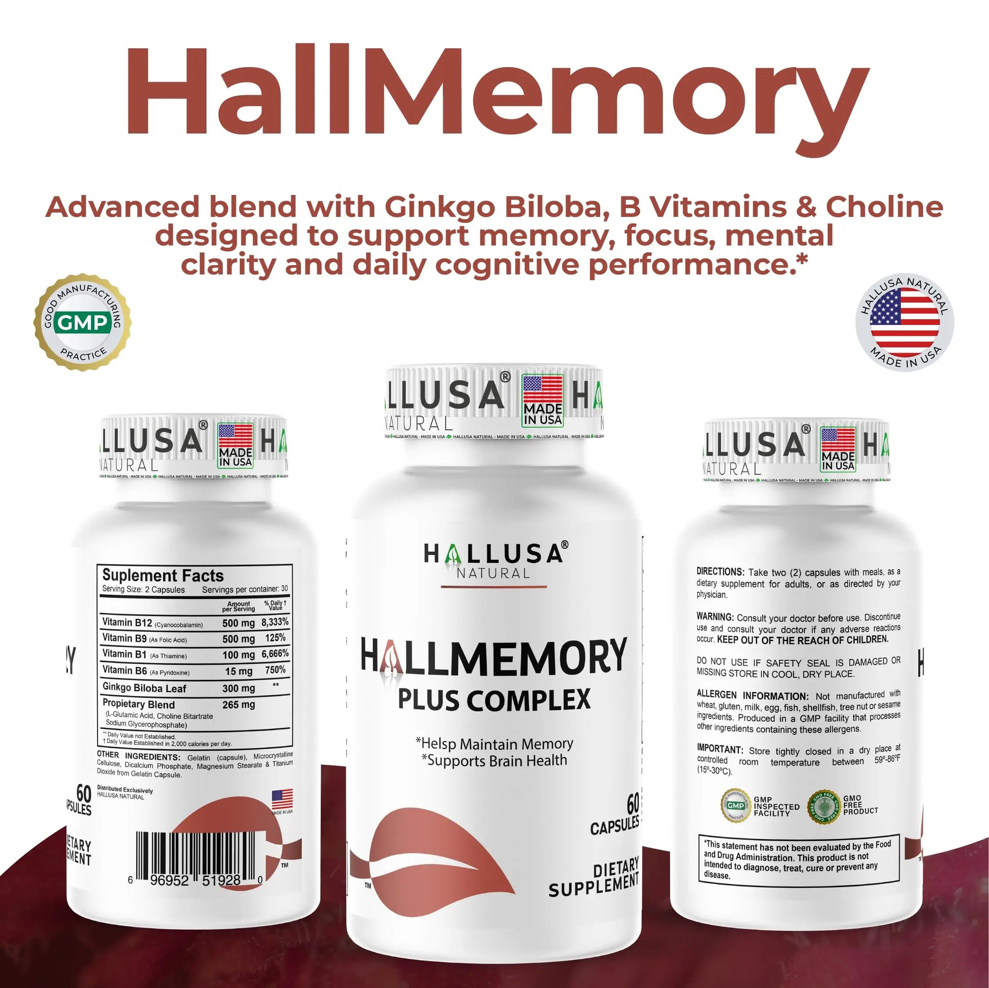 Hallusa Natural Brain Health Supplement Capsules 1680mg, Ginkgo Biloba, B Vitamins & Choline, Memory & Focus Support, Brain Booster for Men & Women, 60 Count Hallusa Naturalnz supplements
