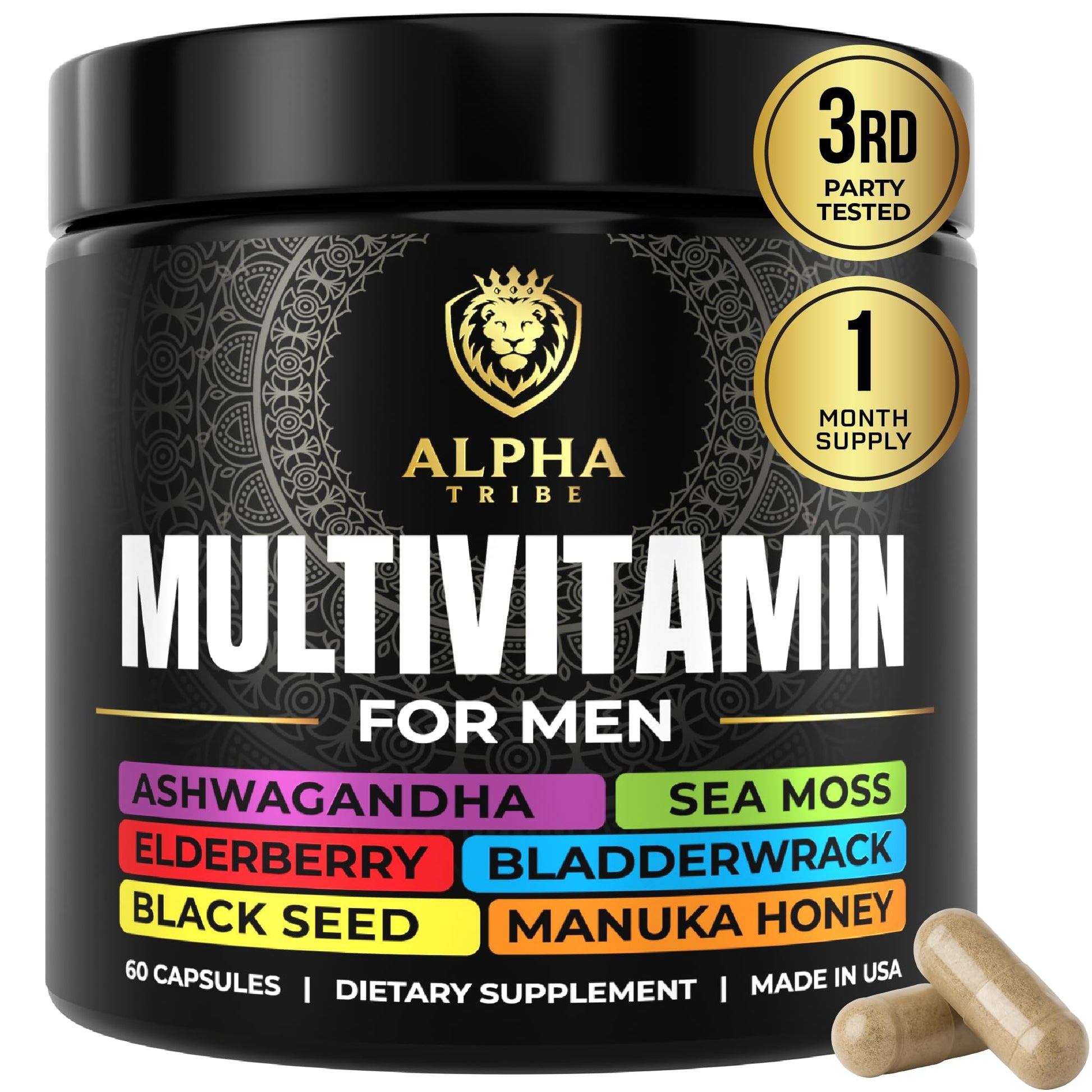 Alpha Tribe Multivitamin for Men with Seamoss Black Seed Oil Ashwagandha Burdock Root, Turmeric Bladderwrack, Vitamin C, Elderberry, Manuka, Yellow Dock | Daily Men's Vitamins and Minerals Supplement Alpha TribeAu supplements