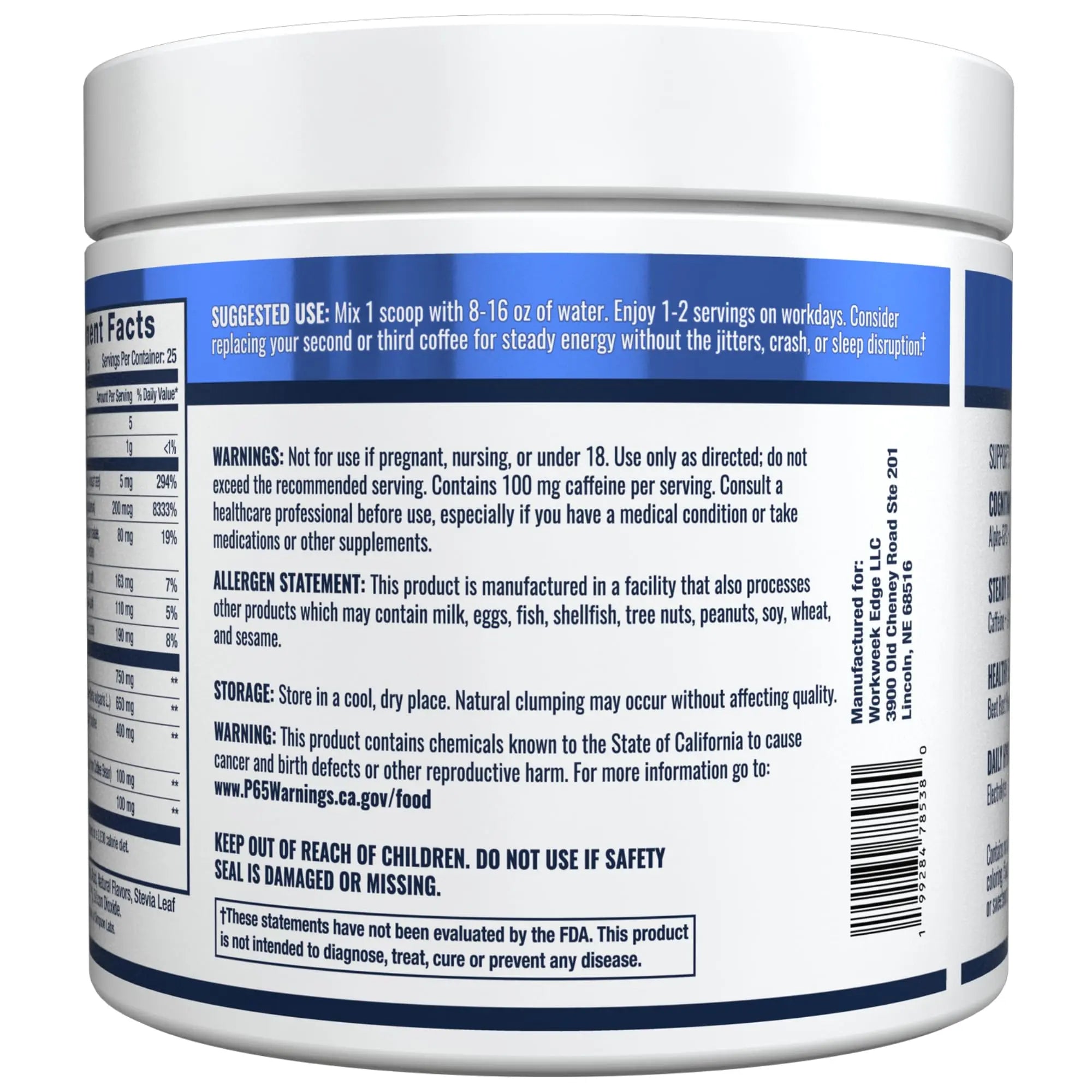 Workweek Edge Focus & Energy Drink Mix Powder – Zero Sugar, 100mg Caffeine + L-Theanine + L-Tyrosine Calm Nootropic Supplement for Steady Focus & Clean Energy – (25 Servings) Workweek Edgenz supplements