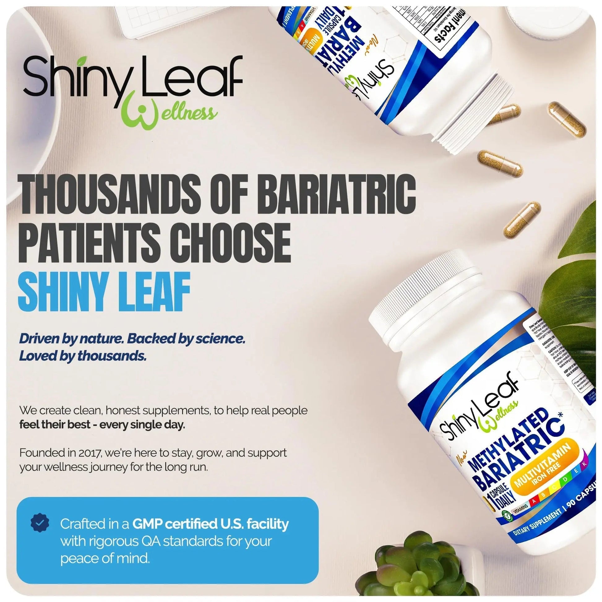Shiny Leaf Methylated Bariatric Multivitamin Without Iron – Vitamins for Gastric Bypass & Sleeve, 1 Daily Capsule W Methylated Folate, B12, A, C, D, K Shiny LeafAu supplements