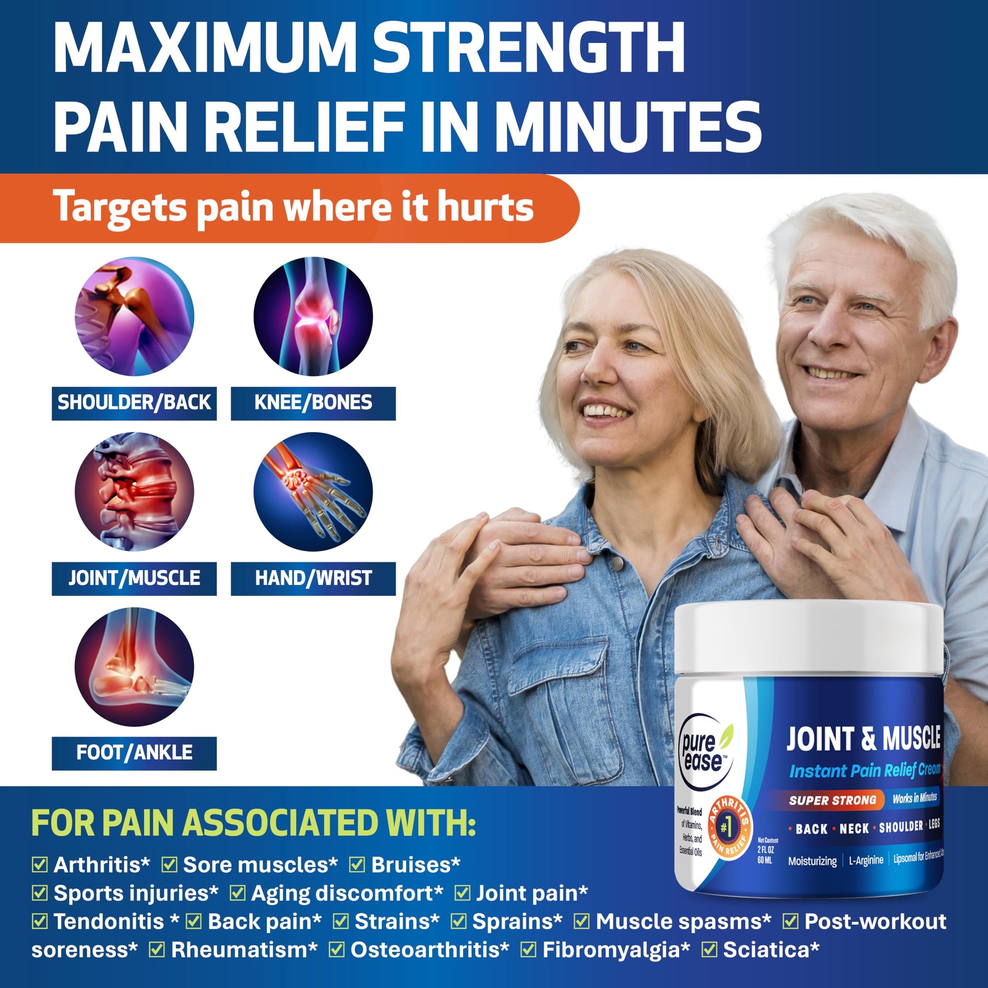 Pure Ease Arthritis Pain Relief Cream for Back 3 in 1 Maximum Instant Relief 2 OZ - Fast-Acting Muscle Pain Cream Extra Strength Joint & Knee - Powerful Formula for Neck Shoulder & Lower Back Pure EaseAu supplements