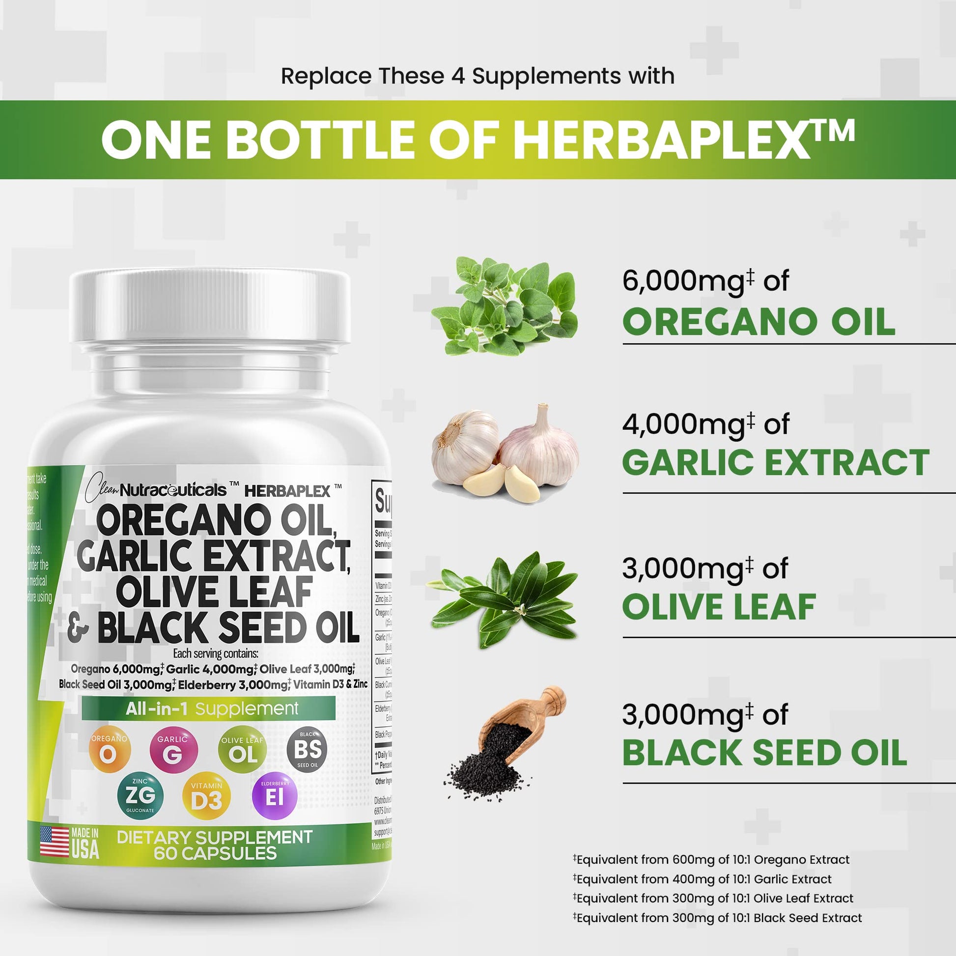 Oregano Oil 6000mg Garlic Extract 4000mg Olive Leaf 3000mg Black Seed Clean NutraceuticalsUS supplements