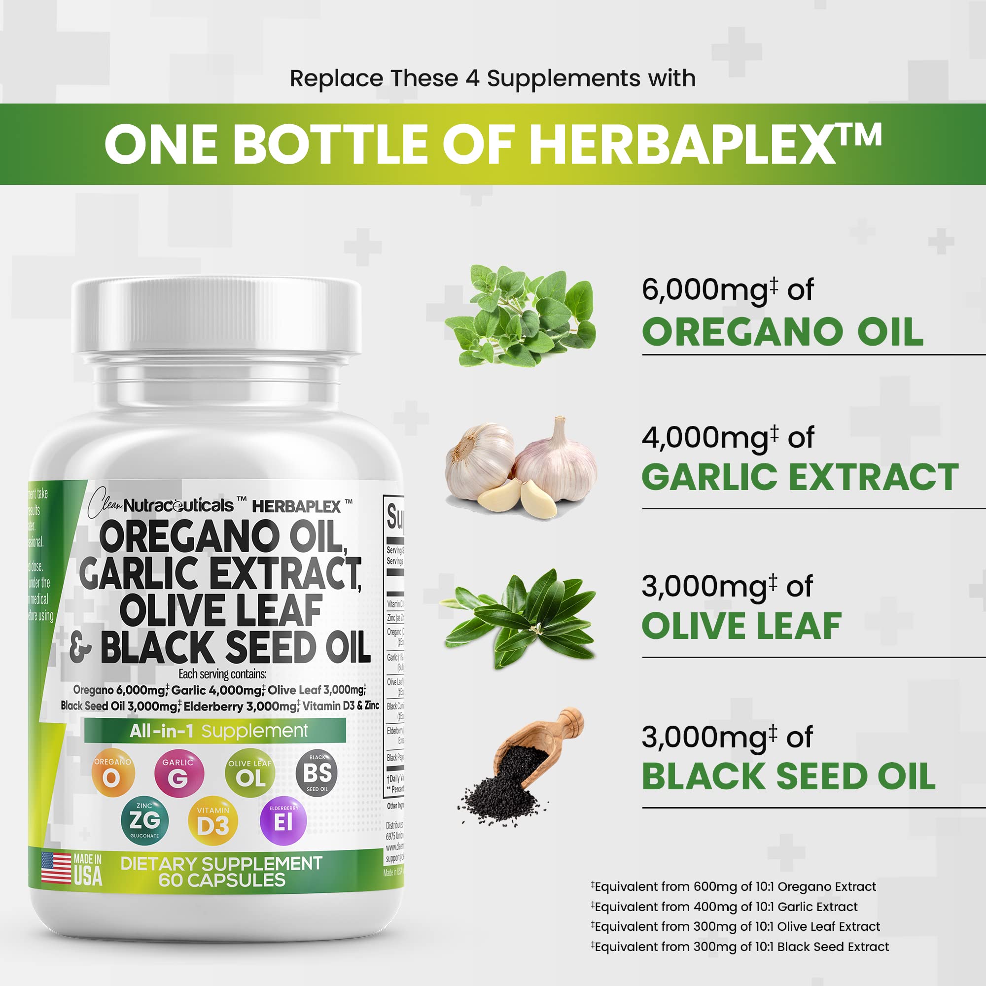 Oregano Oil 6000mg Garlic Extract 4000mg Olive Leaf 3000mg Black Seed Clean NutraceuticalsUS supplements