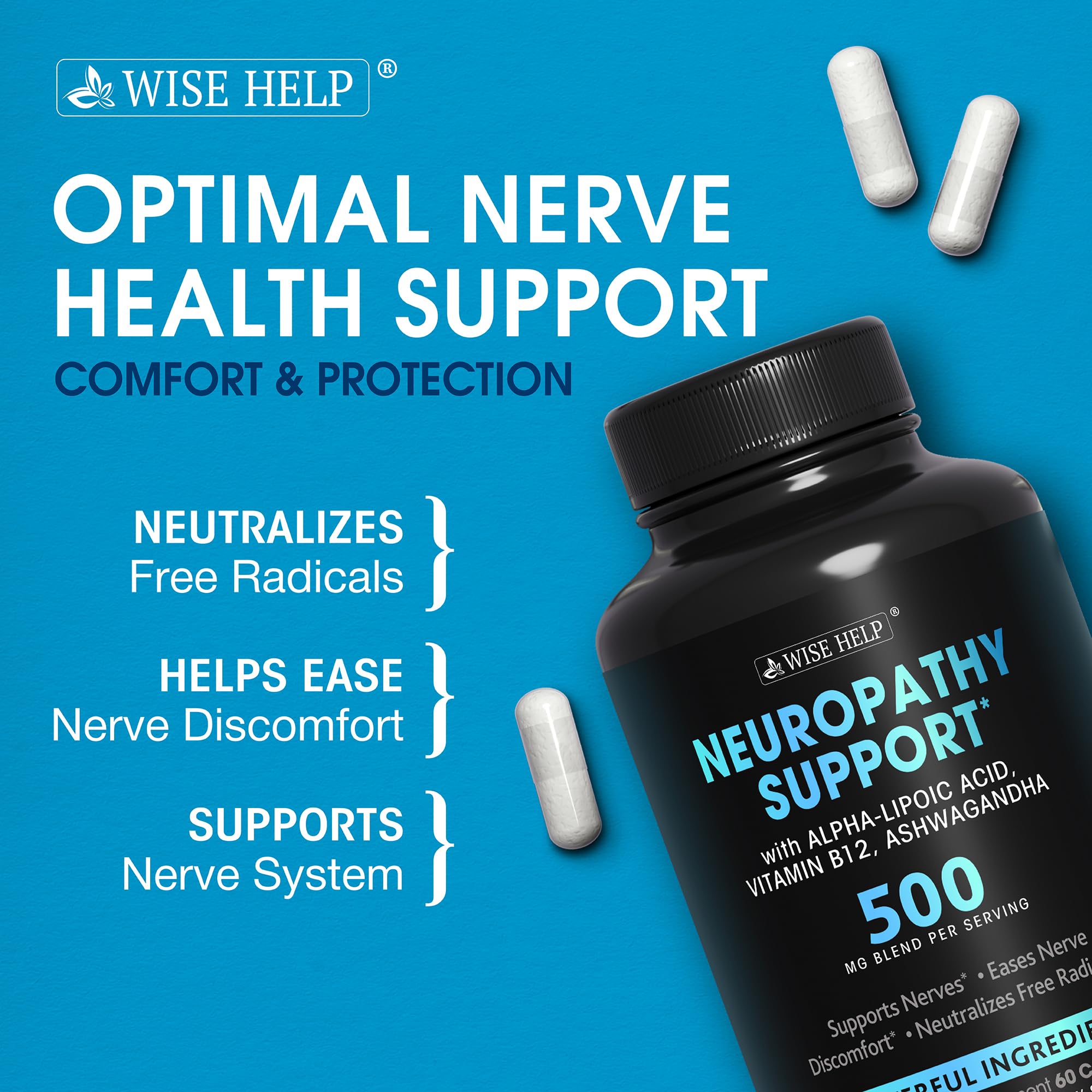 Neuropathy Support Natural Nerve Discomfort Relief - Made in USA - Nerve Antioxidant for Trigeminal Neuralgia, Diabetic & Peripheral Neuropathy - Hands, Neck, Feet & Toes Treatment Formula - 60 Caps WISEHELPAu supplements