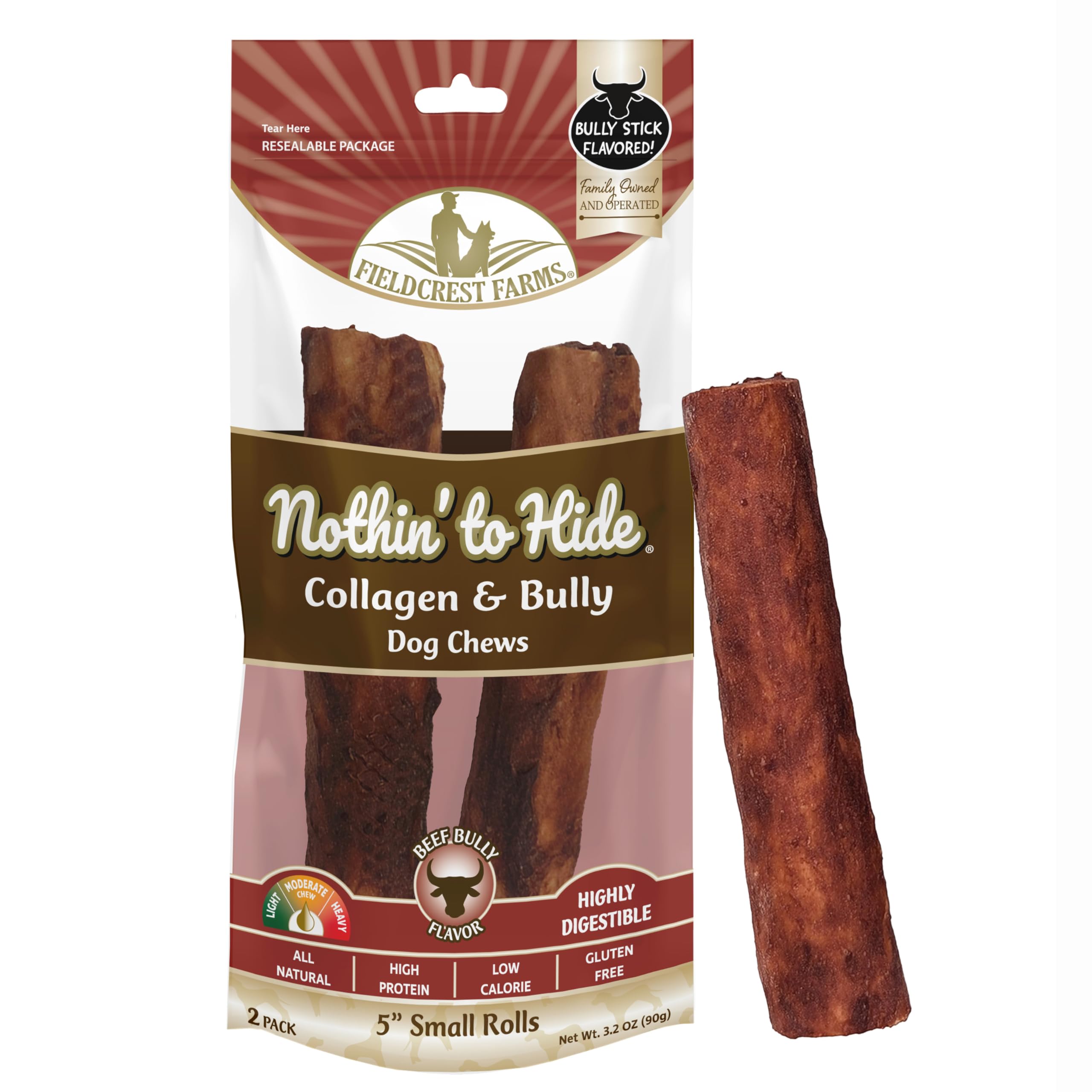 Fieldcrest Farms Nothin’ to Hide Collagen & Bully Small Rolls, 5 Inch, Beef Bully Flavor, Highly Digestible Chews That Support Skin, Coat, Joints & Muscles, for Moderate Chewers Under 25 Lbs, 2 Pack Fieldcrest FarmsAu supplements