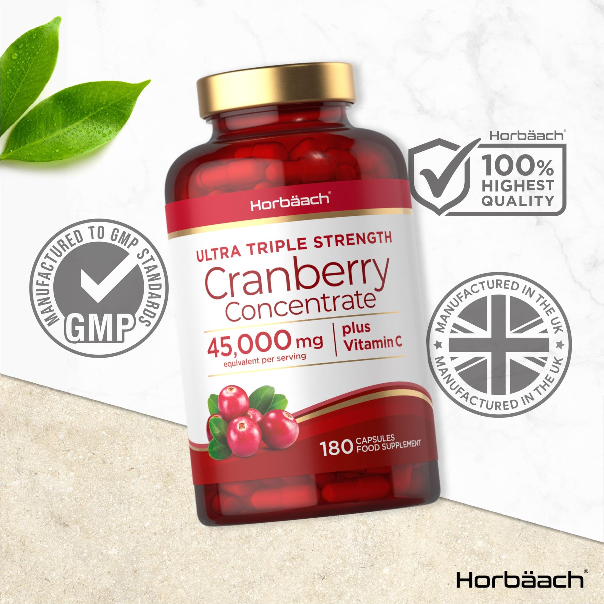 Cranberry Capsules 45,000 mg | High Strength Cranberry Extract with Vitamin C HorbäachUS supplements