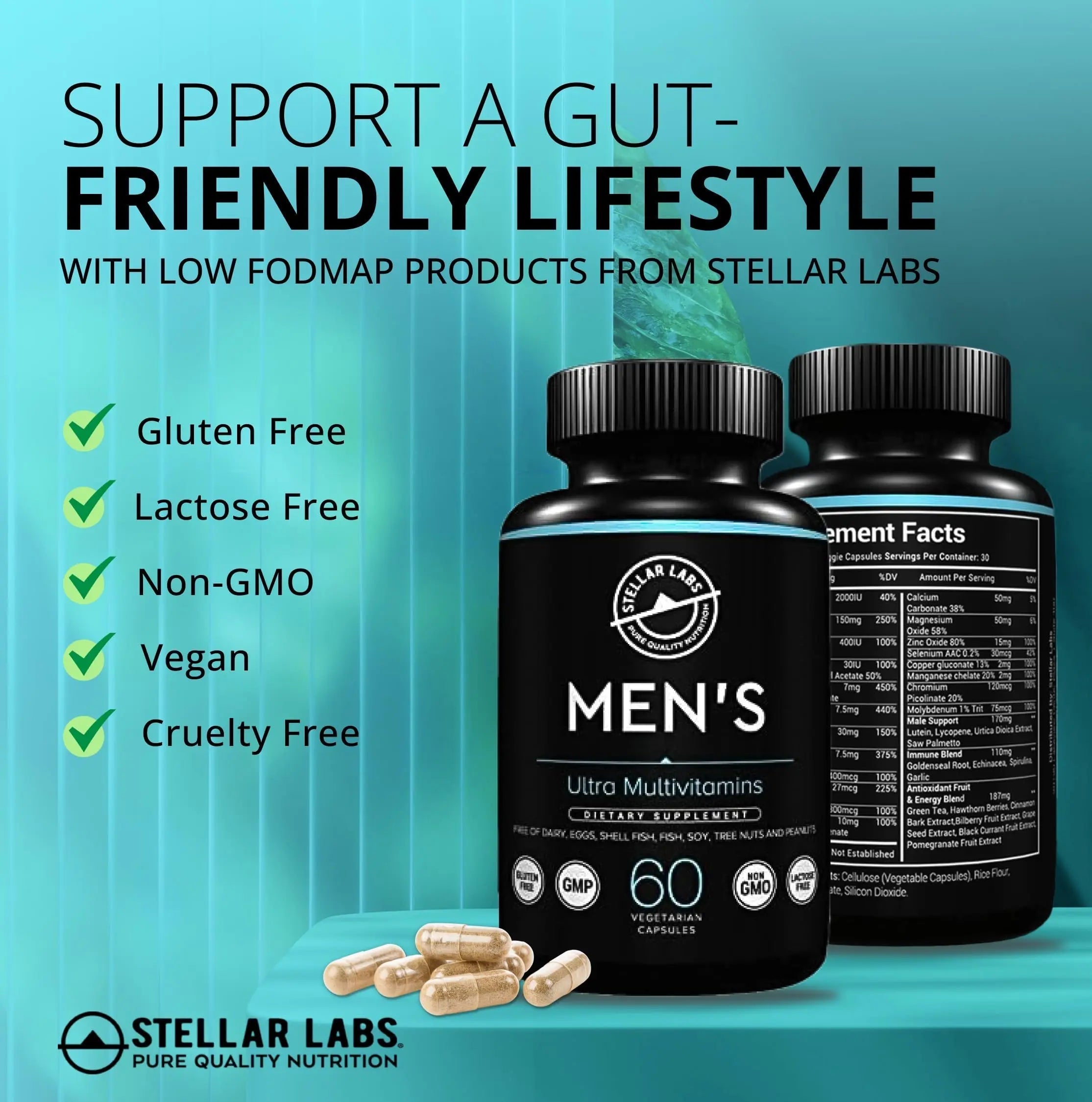 Stellar Labs Men's Low FODMAP Vegan Daily Multivitamin, No Iron | Easy On Sensitive Stomachs, Easy to Swallow Vitamins | Stellar LabsAu supplements