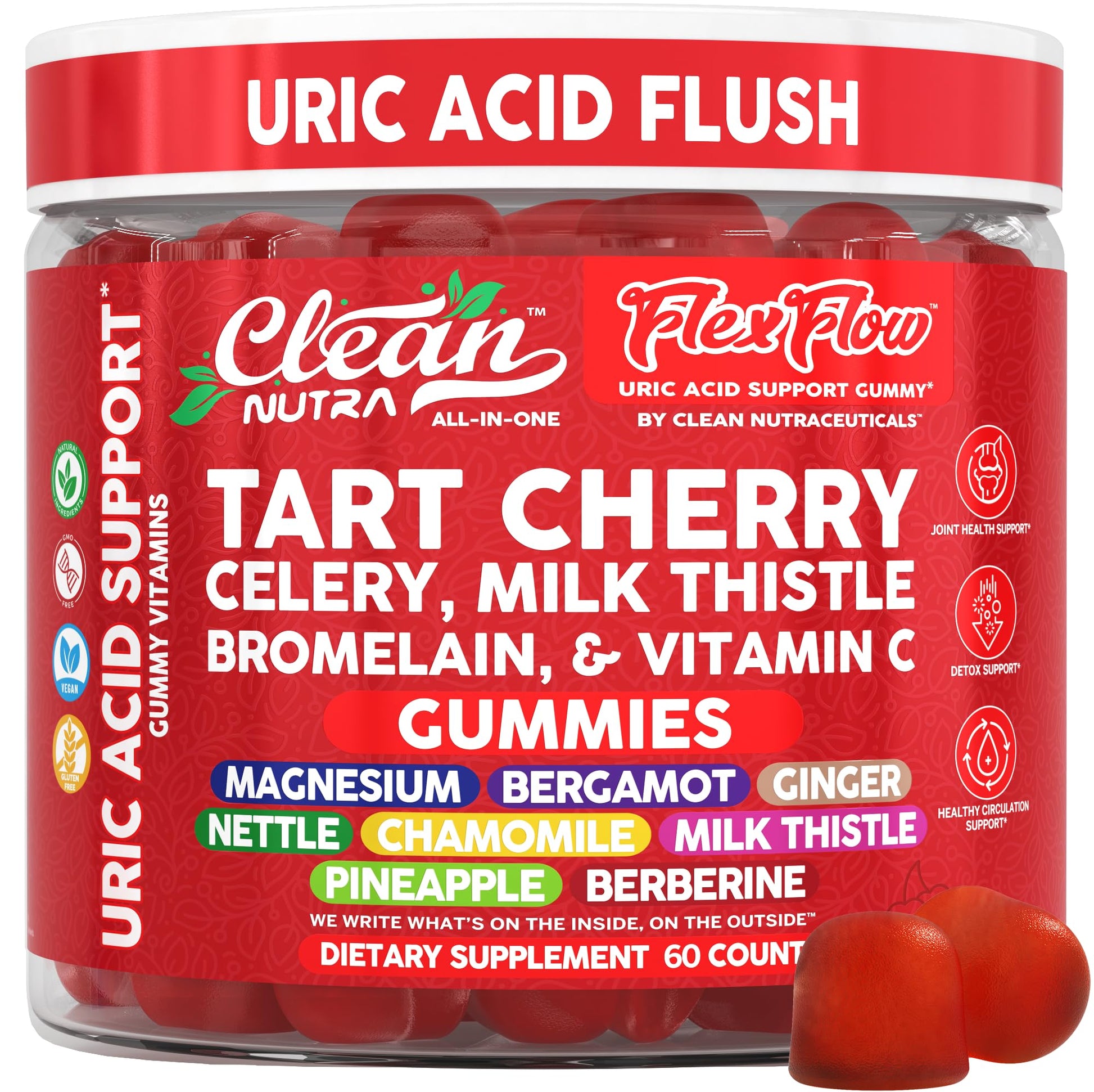 Clean Nutra Tart Cherry Gummies Uric Acid Flush Celery Milk Thistle Bromelain Vitamin C Magnesium Citrus Bergamot Ginger Stinging Nettle Leaf Chamomile Berberine Quercetin Support 60 Gummy Vitamins Clean NutraceuticalsAu supplements