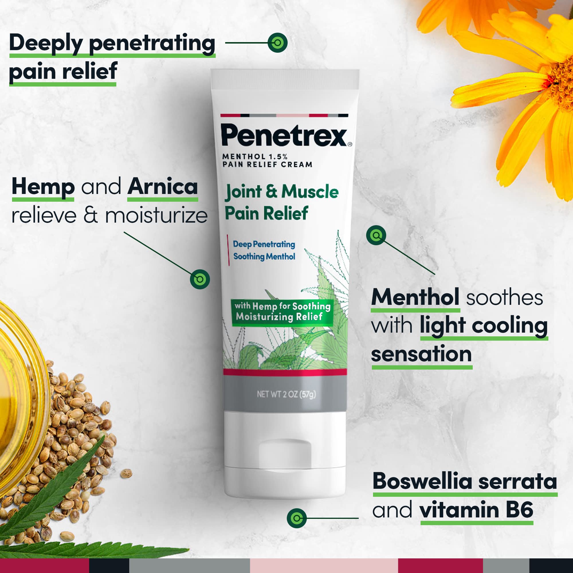 Penetrex Soothing Joint & Muscle Pain Relief Cream with Hemp - Deep Penetrating Menthol, Arnica and Hemp for Soothing, Hydrating Relief - Non-Greasy, Easy to Apply, Pleasant Scent- 2oz Squeezable Tube PenetrexAu supplements