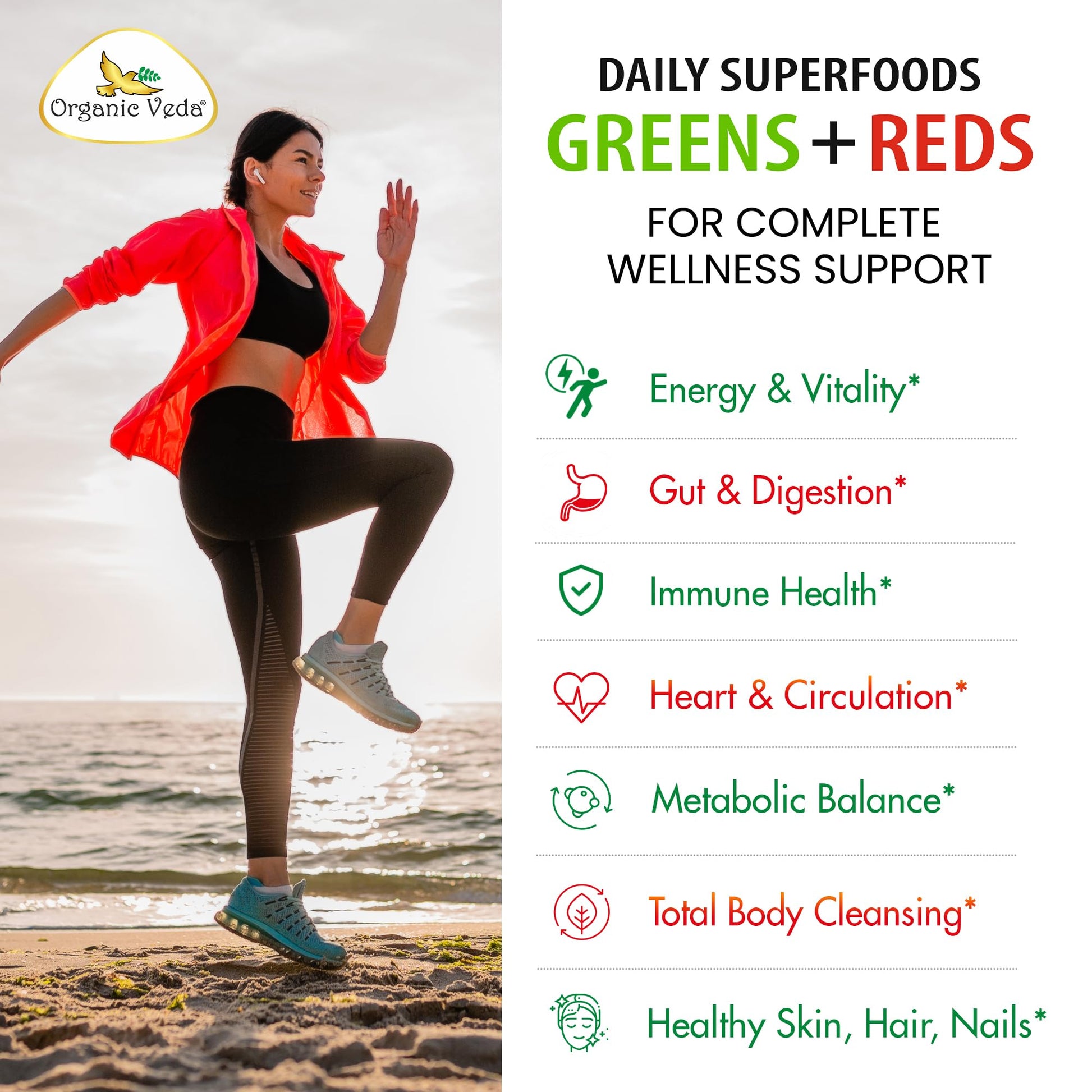 Organic Veda Super Greens & Reds Capsules - Organic Superfoods, Daily Greens, Red Juice, Fruits & Vegetables Supplement - Papaya Enzymes, Digestive Herbs, Bromelain, Antioxidants - 120 Veggie Capsules Organic VedaAu supplements