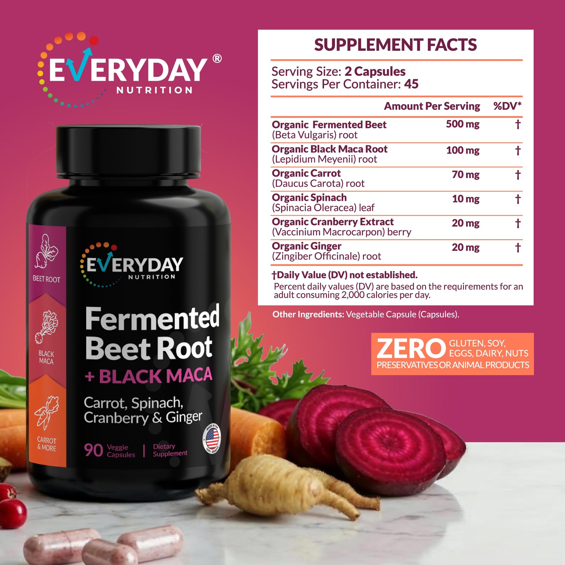 EVERYDAY NUTRITION Organic Fermented Beet Root & Black Maca Capsules with Carrot, Spinach, Cranberry & Ginger | Superfood for Energy, Stamina & Wellness | 90 Veggie Capsules | Made in USA EVERYDAY NUTRITIONAu supplements