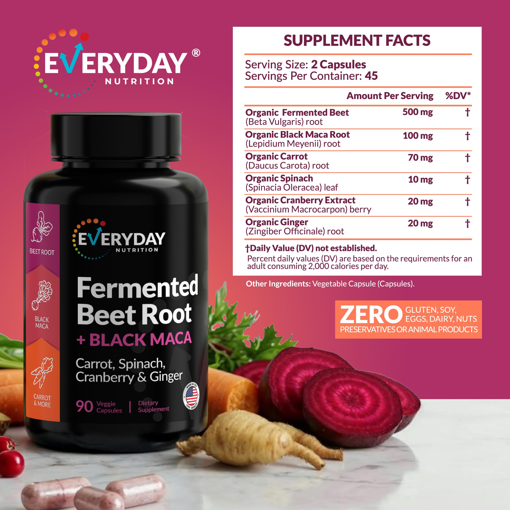 EVERYDAY NUTRITION Organic Fermented Beet Root & Black Maca Capsules with Carrot, Spinach, Cranberry & Ginger | Superfood for Energy, Stamina & Wellness | 90 Veggie Capsules | Made in USA EVERYDAY NUTRITIONAu supplements