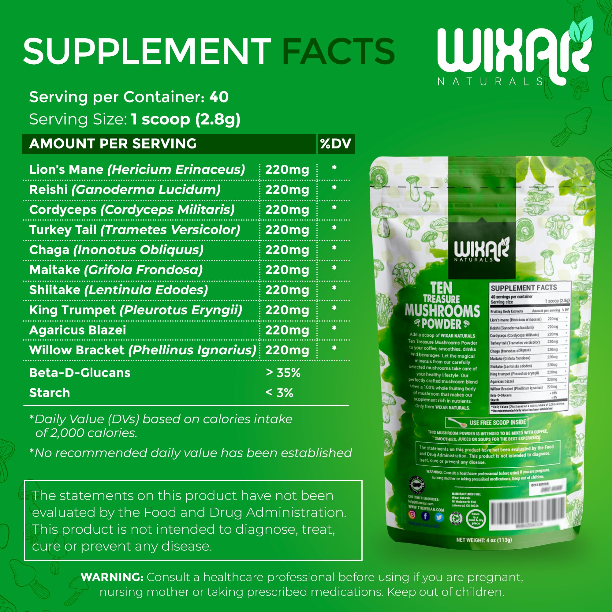 Wixar Mushroom Powder - Ten Treasure Mushrooms Extract Supplement Blend for Coffee WIXAR NATURALSUS supplements