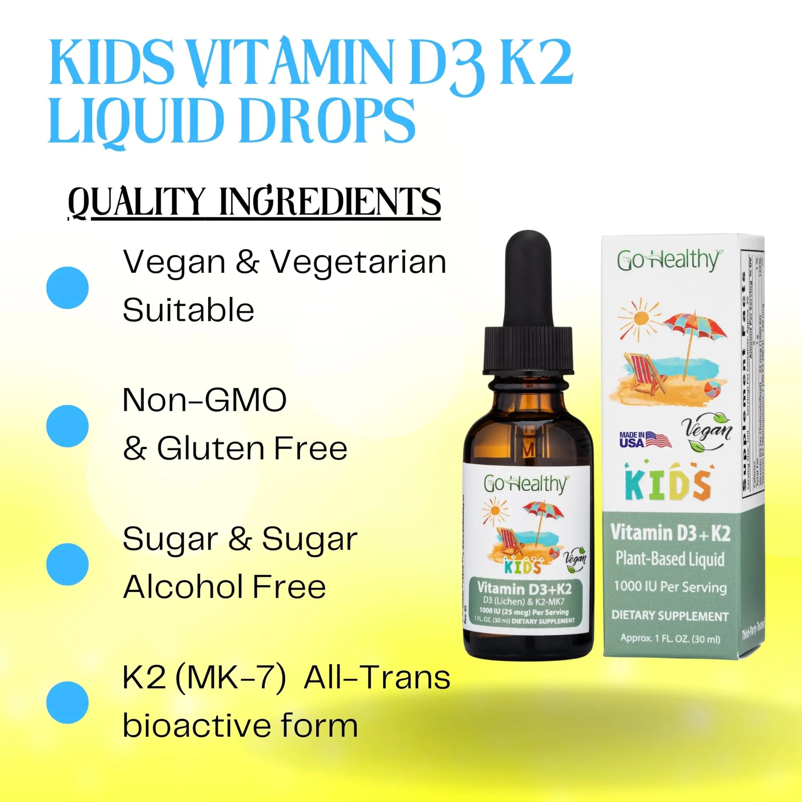 Go Healthy Kids Vitamins D3 K2 (MK-7), Child Vitamin D, Liquid Vegan D3 K2 Drops for Kids Go Healthy NaturalAu supplements