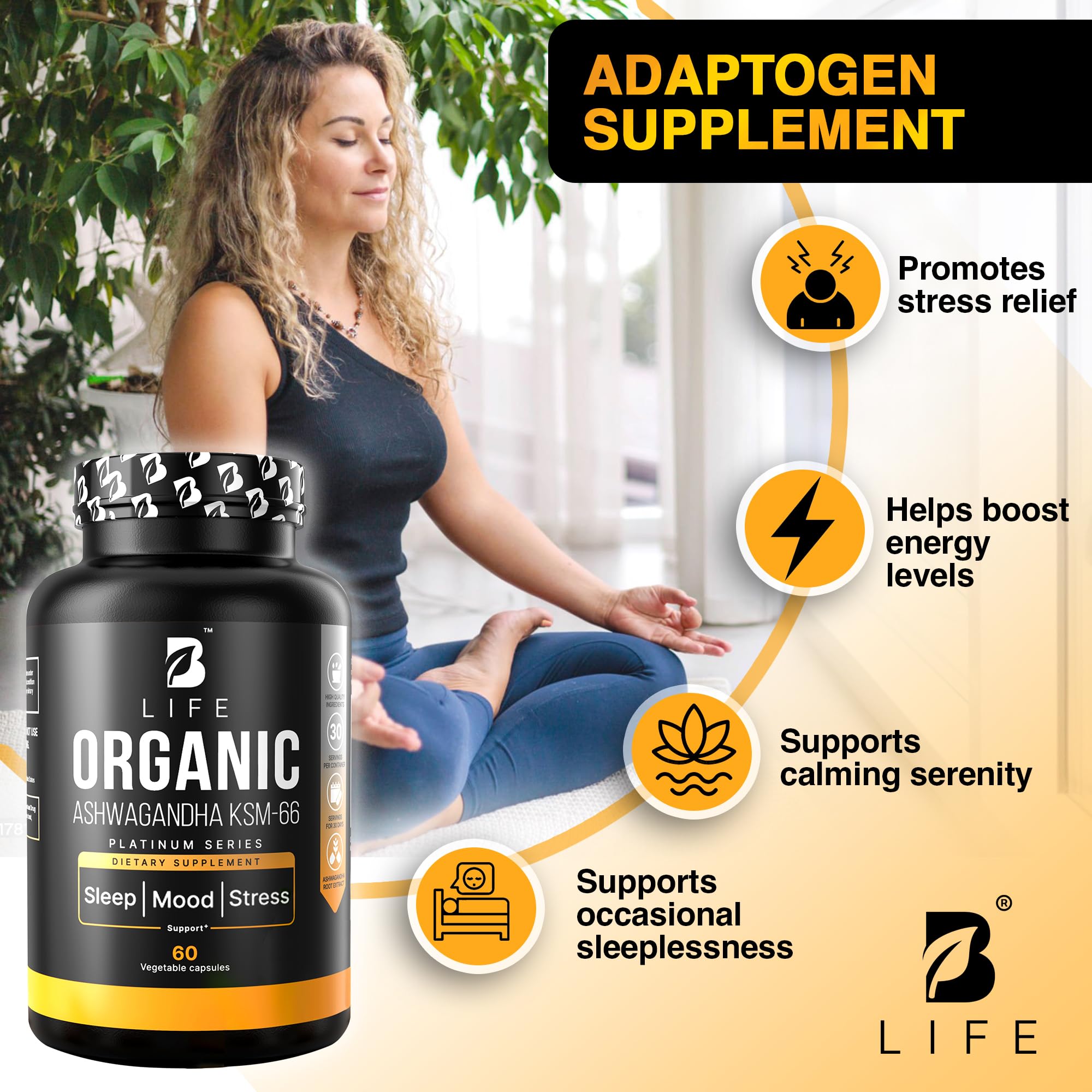 Organic Ashwagandha KSM-66 1000 mg Supplement | Adaptogen for Cortisol Support & Stress Relief | Mood, Calm & Sleep Aid for Men & Women | Ashwagandha ritual vitamins for women | 60 Vegan Caps B Life CompanyAu supplements