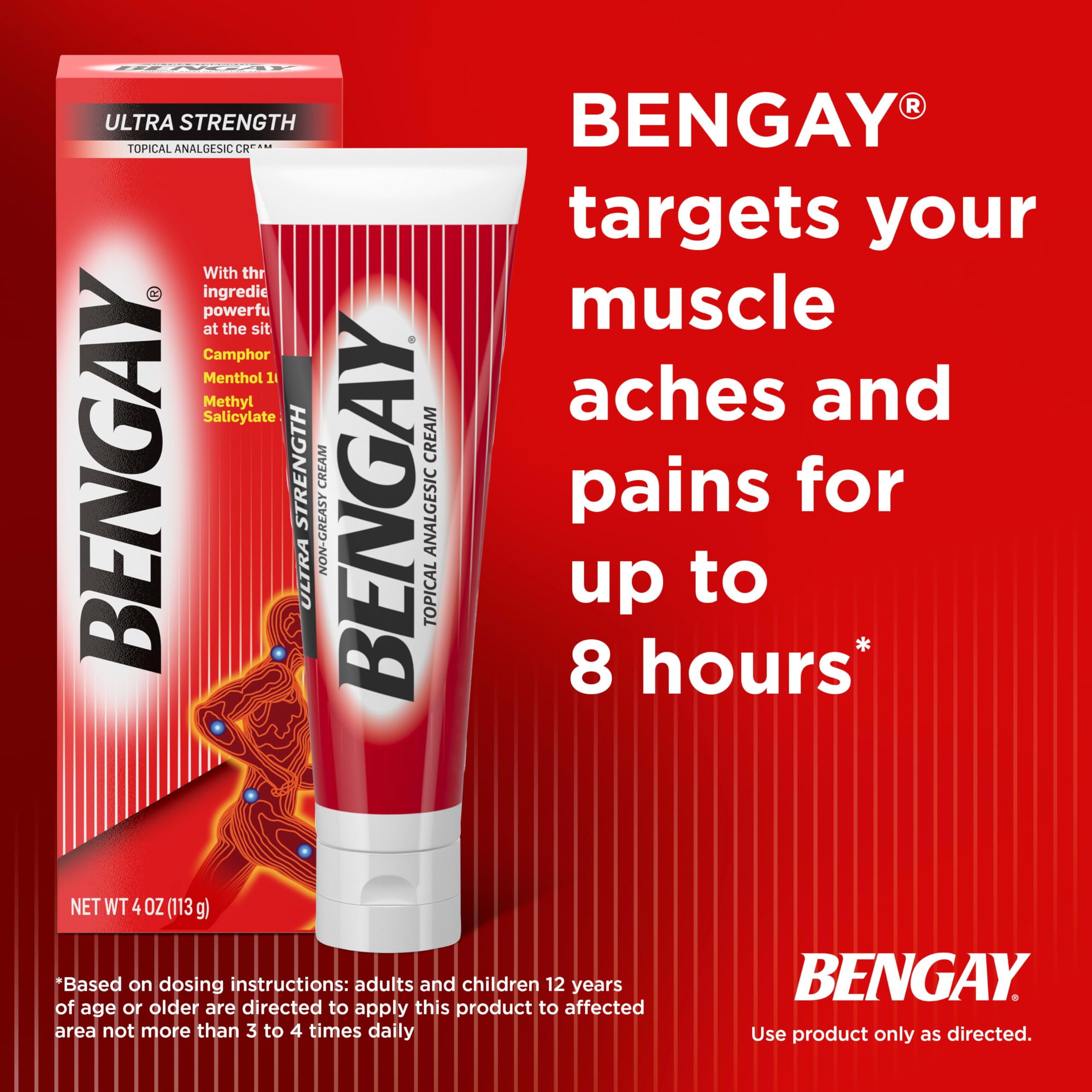 Bengay Ultra Strength Topical Pain Relief Cream, Non-Greasy Topical Analgesic for Minor Arthritis, Muscle, Joint and Back Pain, Camphor, Menthol and Methyl Salicylate, 4 OZ BengayAu supplements