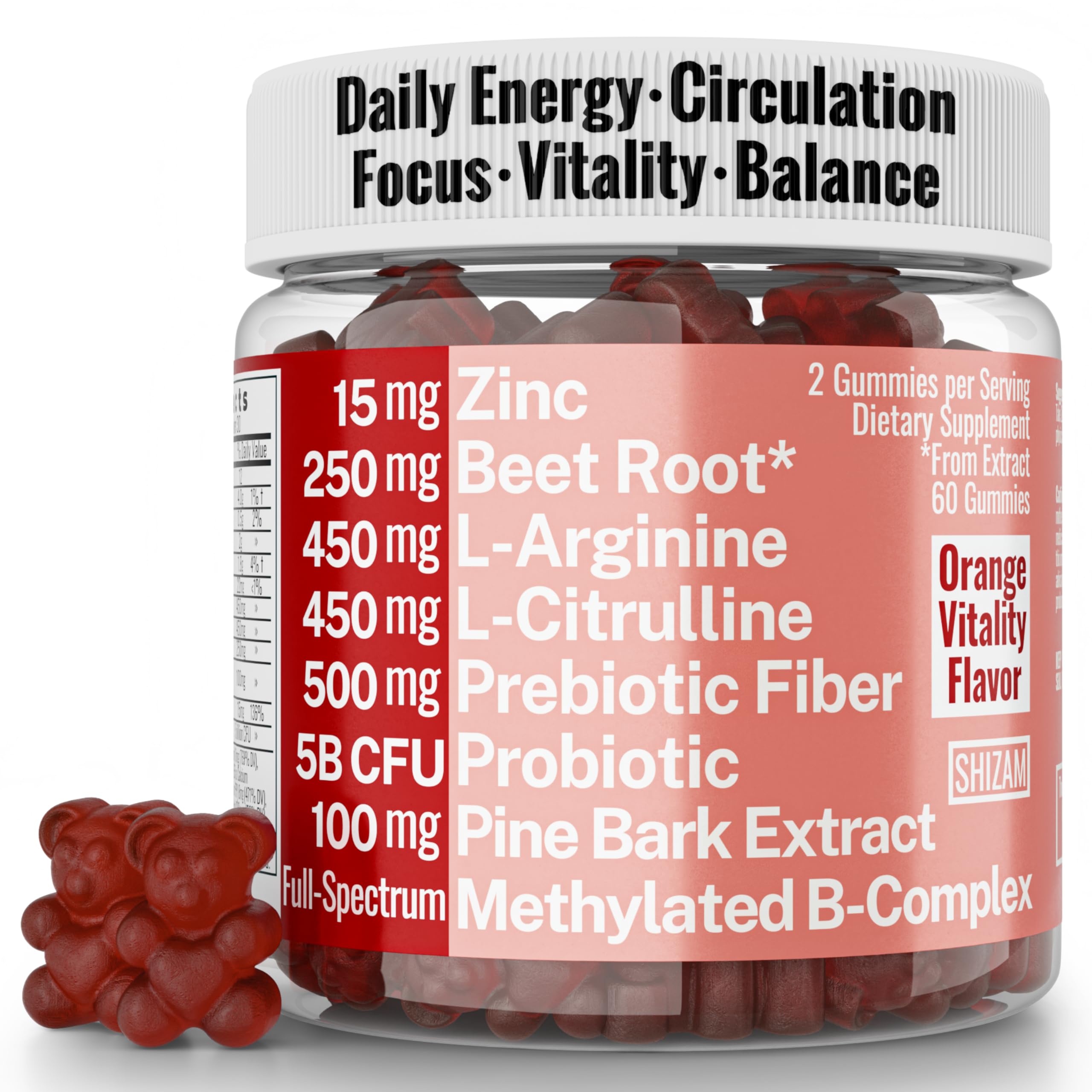 Pine Bark Extract L-Arginine L-Citrulline Beetroot Probiotic Fiber Methylated B Complex Zinc Gummies for Women Men Adults Kids w. Chicory Root Inulin 5-MTHF B6 P5P Powder Capsule Pill Supplement Alt SHIZAMAu supplements