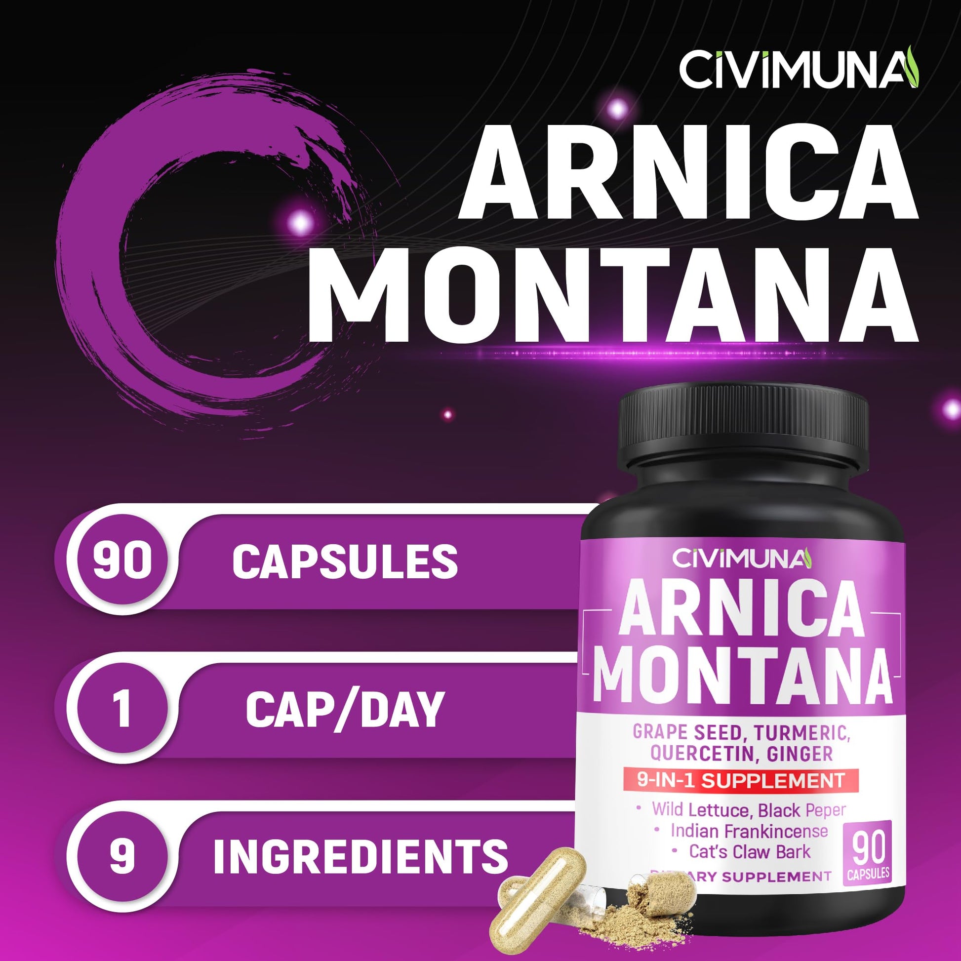 Arnica Capsules with Arnica, Grape Seed, Turmeric and More - 90 Capsules for 3 Months Supply CIVIMUNAAu supplements