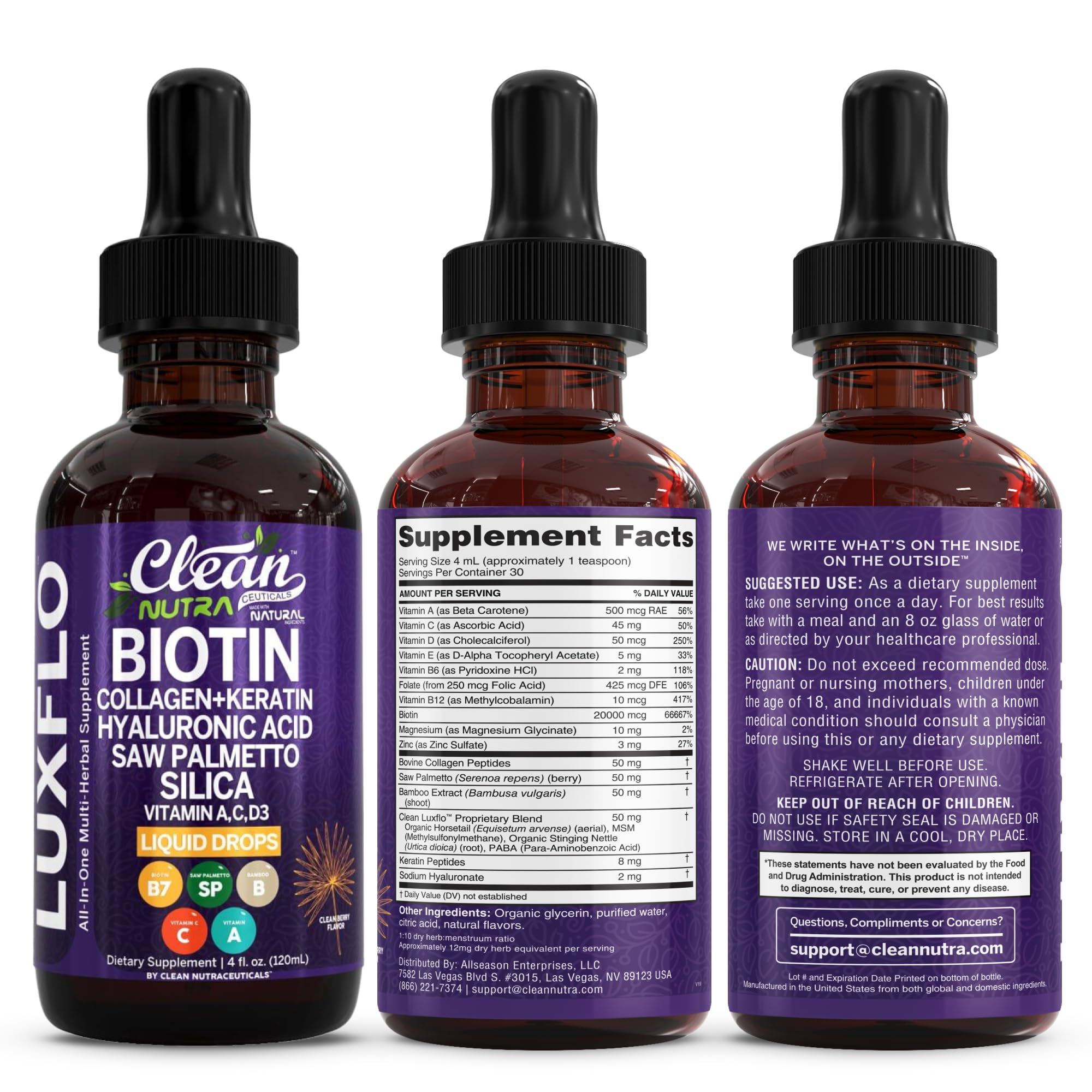 Liquid Biotin & Collagen Keratin Hyaluronic Acid Saw Palmetto Drops Vitamins for Hair Growth Support Silica Vitamin A C D Bamboo Turmeric Zinc Folate Magnesium Horsetail LuxFlo By Clean Nutra Clean NutraceuticalsAu supplements