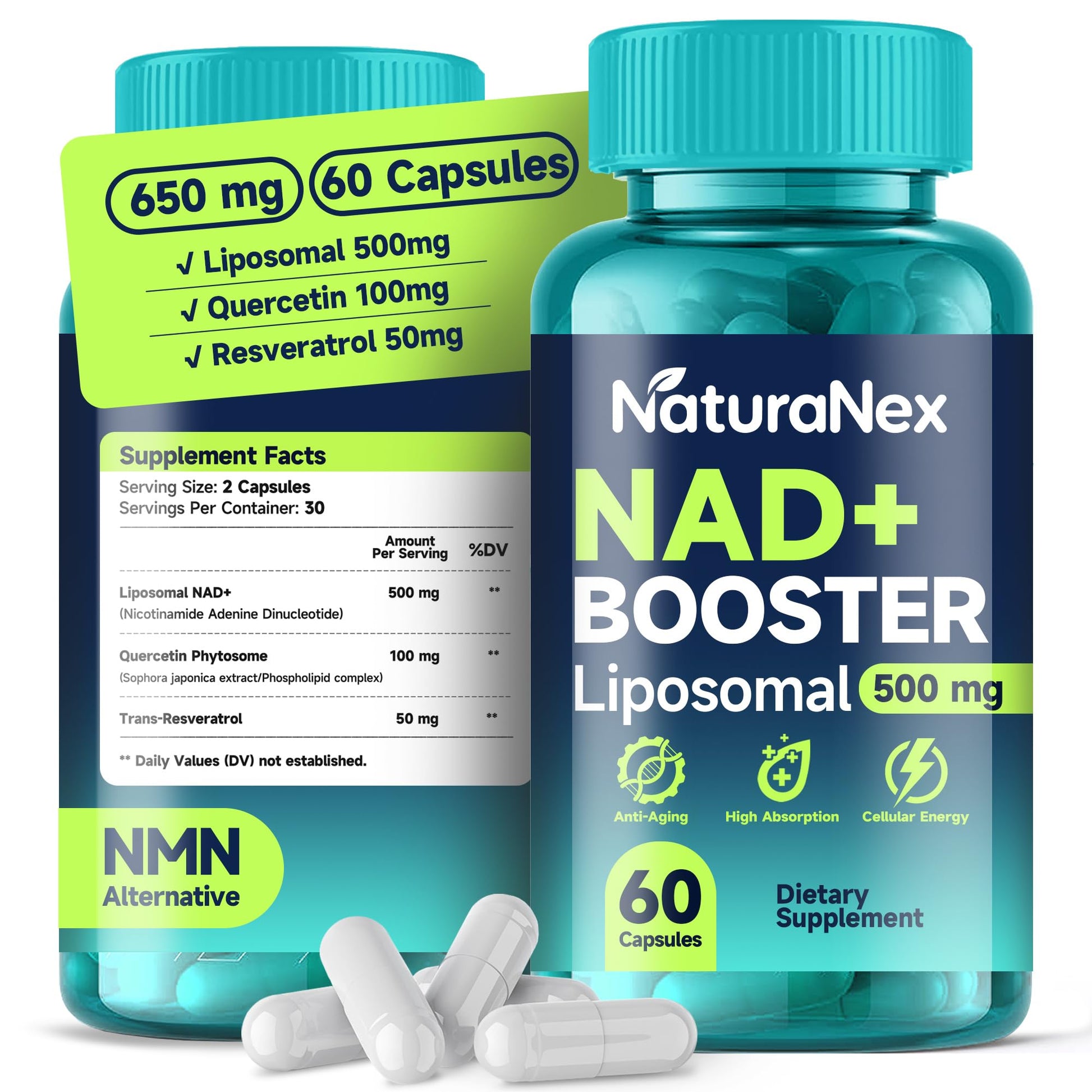 NaturaNex NAD+ Supplement 650mg (60 Capsules), Liposomal NAD+ with Resveratrol & Quercetin, Third-Party Tested, NMN Supplement Alternative NaturaNexAu supplements