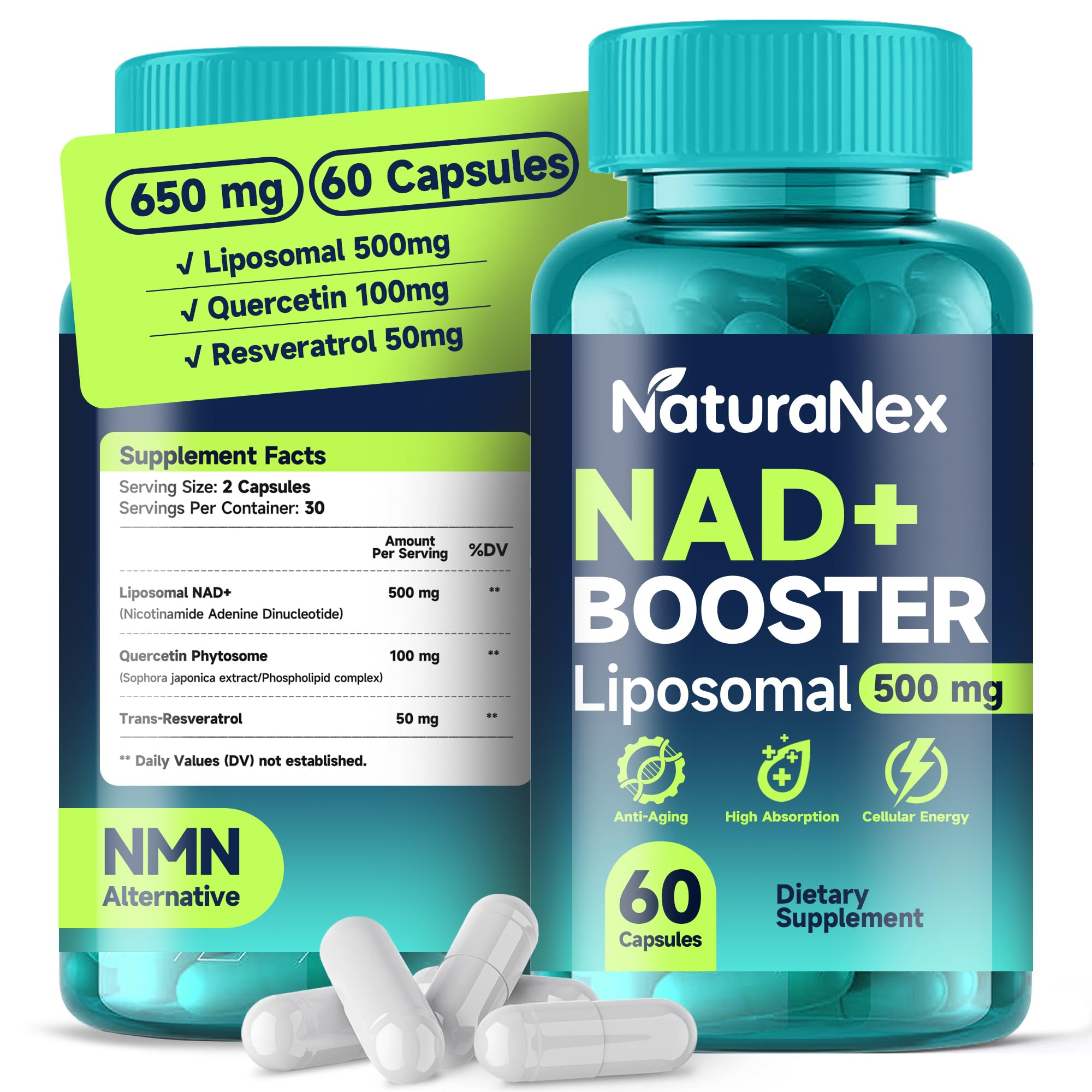 NaturaNex NAD+ Supplement 650mg (60 Capsules), Liposomal NAD+ with Resveratrol & Quercetin, Third-Party Tested, NMN Supplement Alternative NaturaNexAu supplements