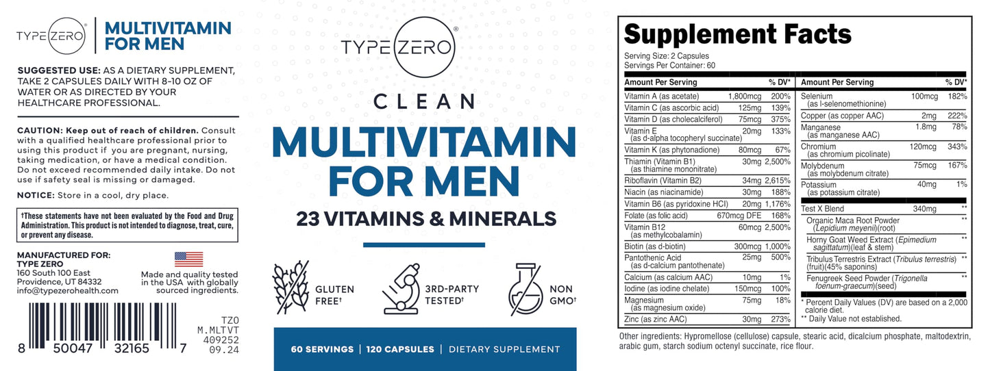 Type Zero Multivitamin Capsules for Men (120 Capsules) (1200 mg) - Gluten-Free, 60 Servings Type ZeroUS supplements