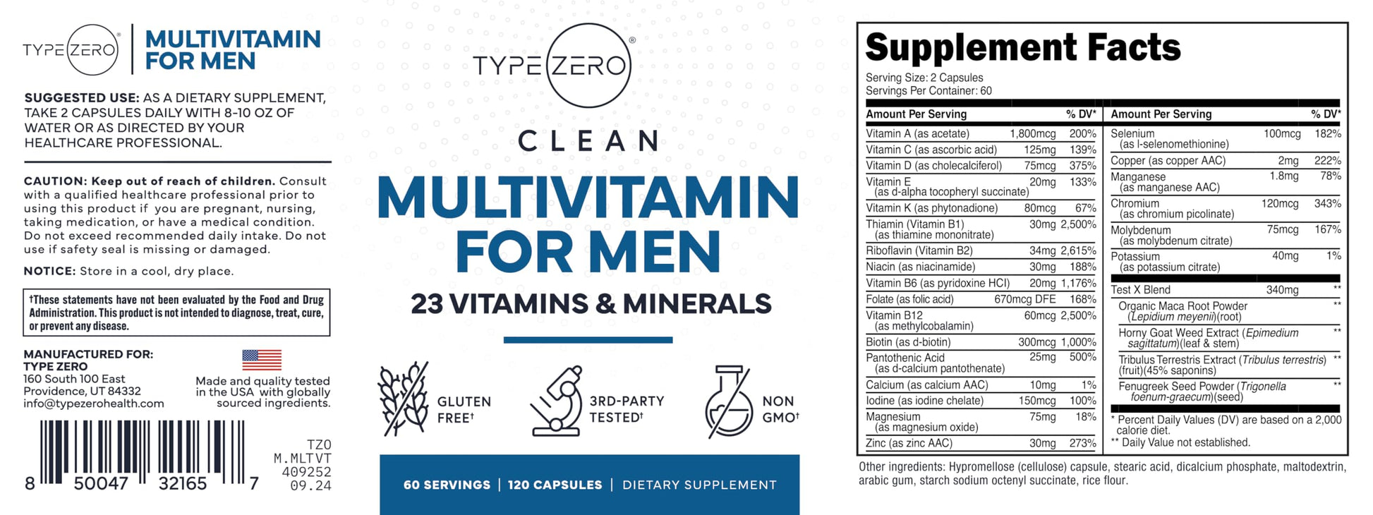Type Zero Multivitamin Capsules for Men (120 Capsules) (1200 mg) - Gluten-Free, 60 Servings Type ZeroUS supplements
